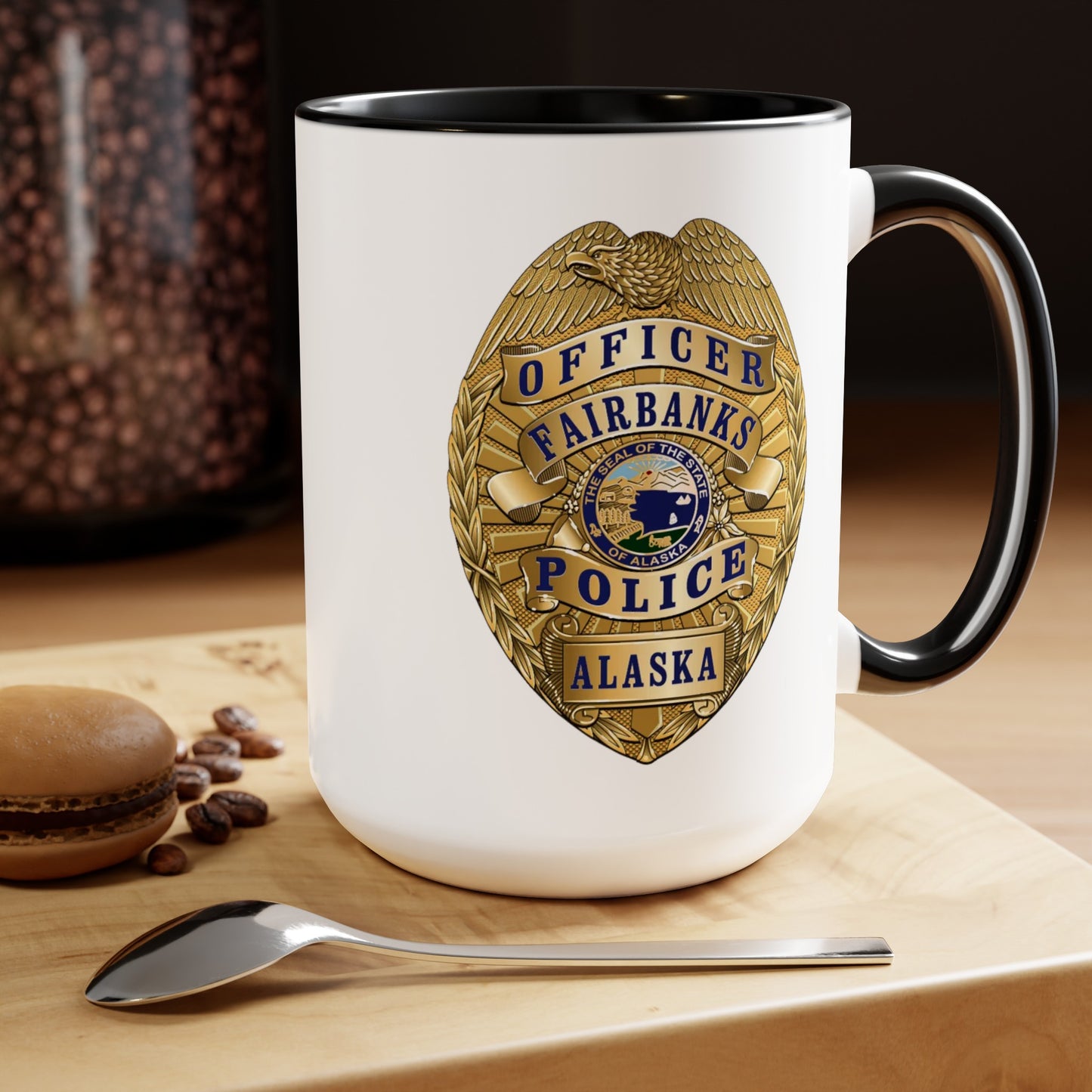 Fairbanks Police Badge Coffee Mug - Double Sided Black Accent White Ceramic 15oz by TheGlassyLass.com