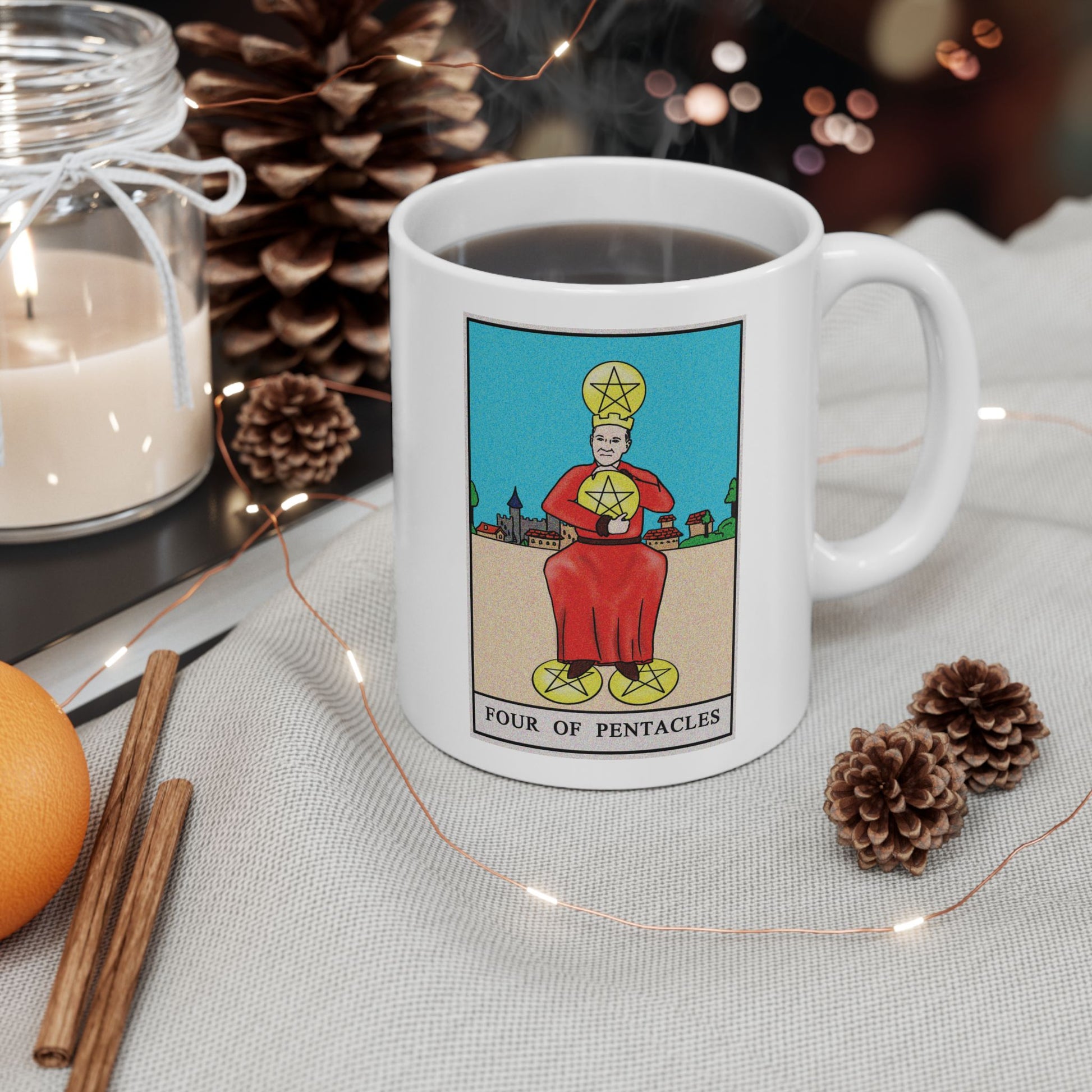 Four of Pentacles Tarot Card Coffee Mug - Double Sided Print, White Ceramic, 11oz by TheGlassyLass.com
