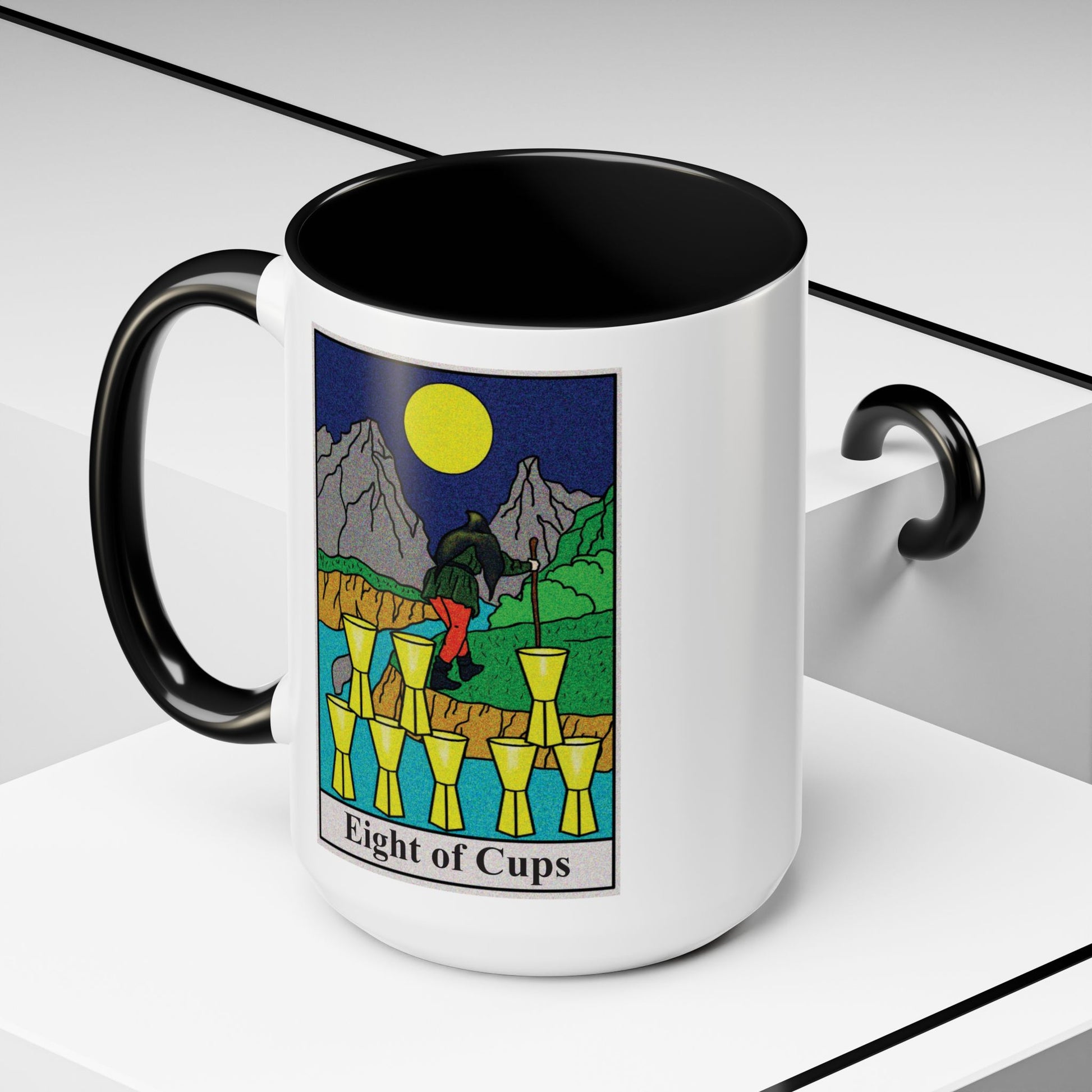 Eight of Cups Tarot Card Coffee Mug - Double Sided Black Accent White Ceramic 15oz by TheGlassyLass.com