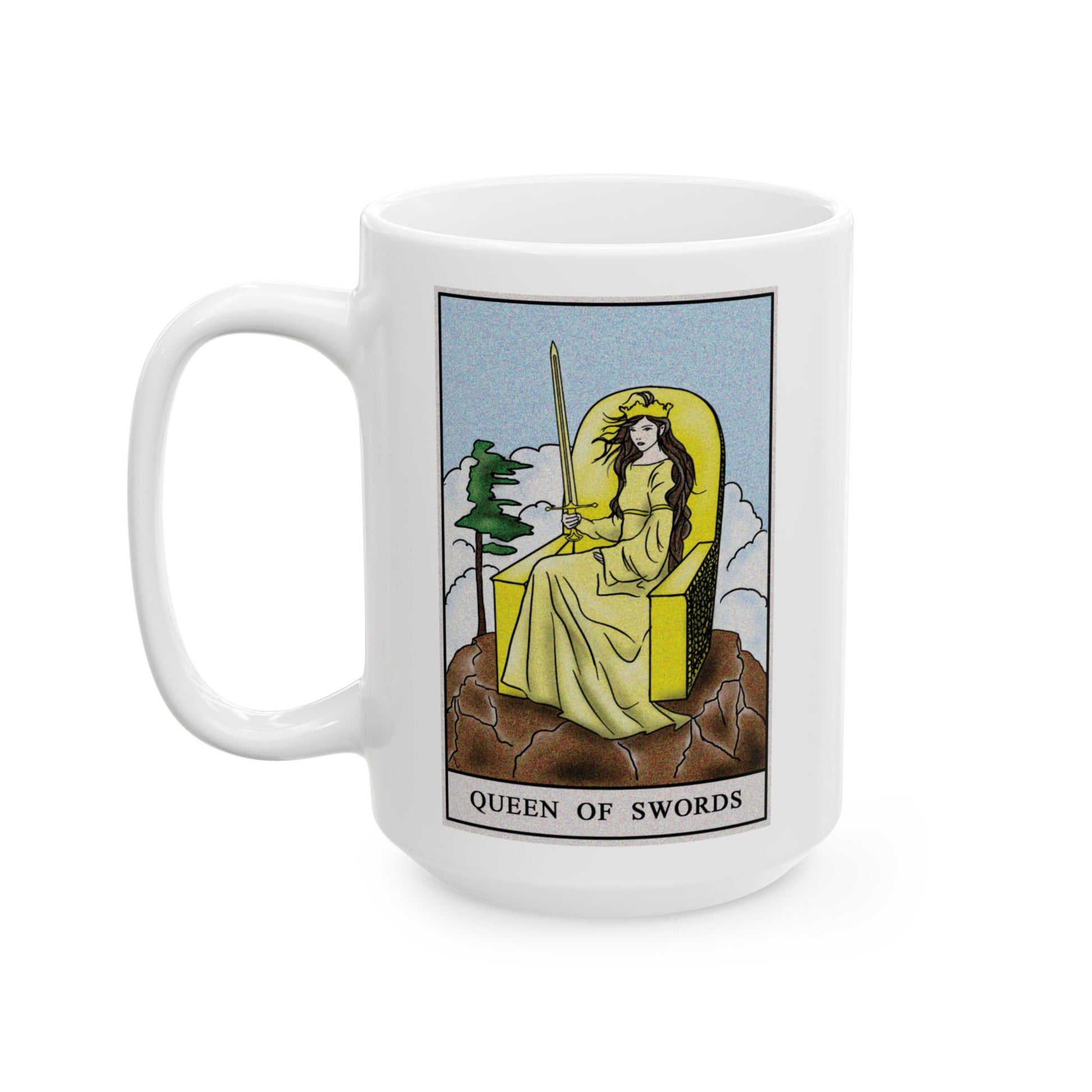 Queen of Swords Tarot Card Coffee Mug - Double Sided White Ceramic 15oz by TheGlassyLass.com