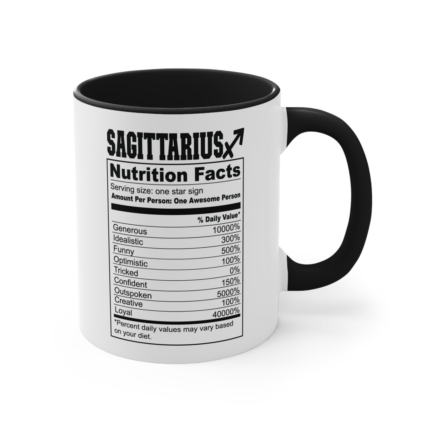 This listing is for a Premium Quality 11oz Black Accent White Ceramic coffee / tea mug with a double sided Sagittarius Tarot Card