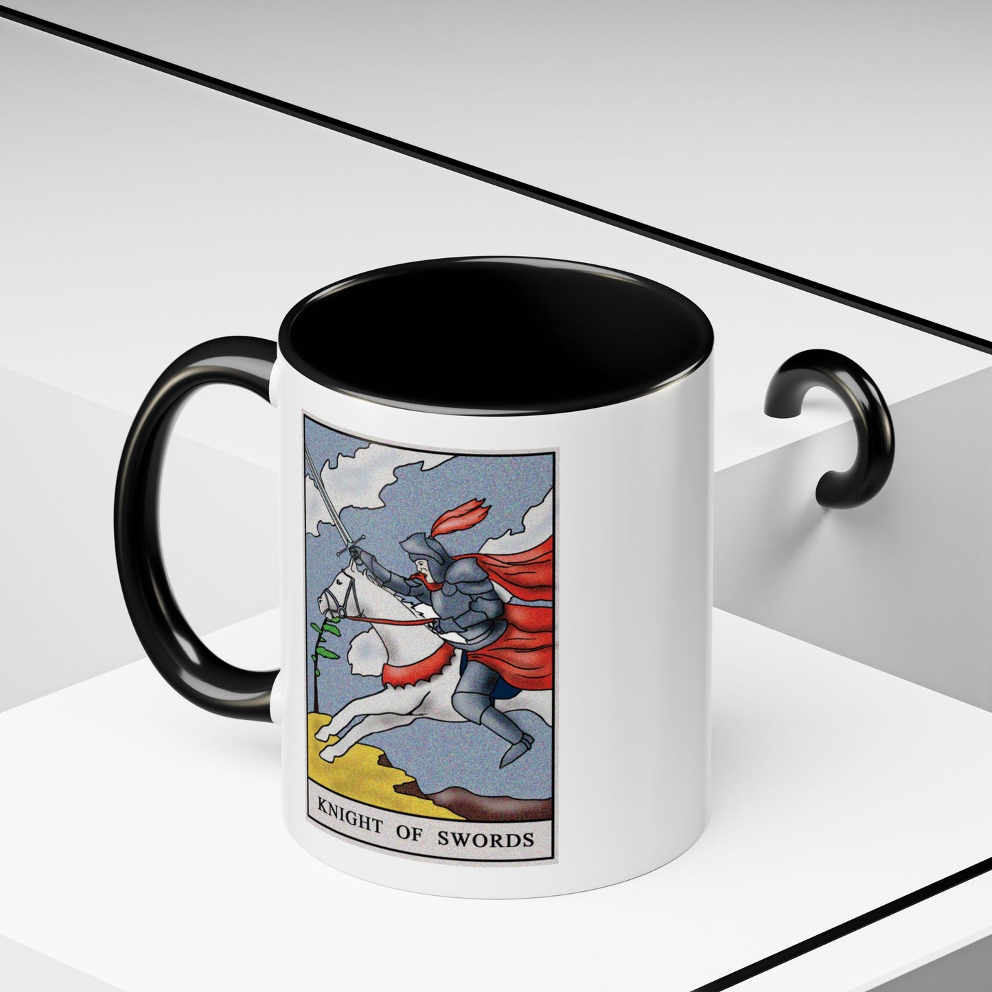 Knight of Swords Tarot Card Coffee Mug - Double Sided Print, Black Accent White Ceramic, 11oz by TheGlassyLass.com