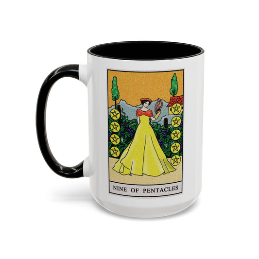 Nine of Pentacles Tarot Card Coffee Mug - Double Sided Black Accent White Ceramic 15oz by TheGlassyLass.com