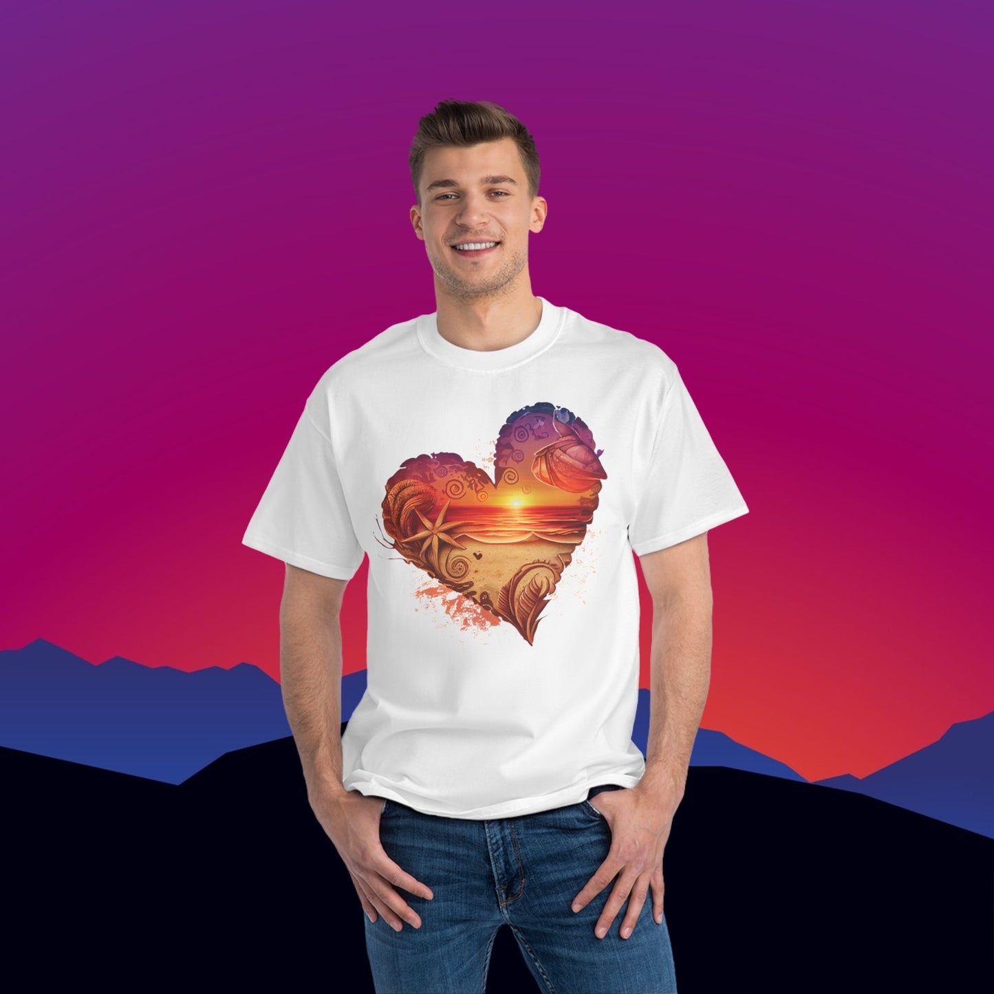 Beach Heart Travel T-Shirt: (Hanes Beefy-T 100% Preshrunk Cotton) Custom Printed by TheGlassyLass.com