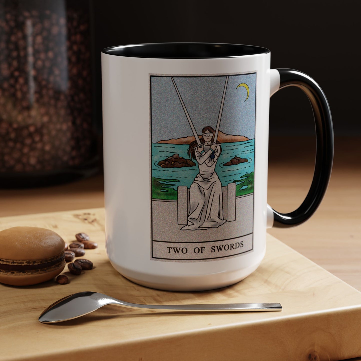 Two of Swords Tarot Card Coffee Mug - Double Sided Black Accent White Ceramic 15oz by TheGlassyLass.com