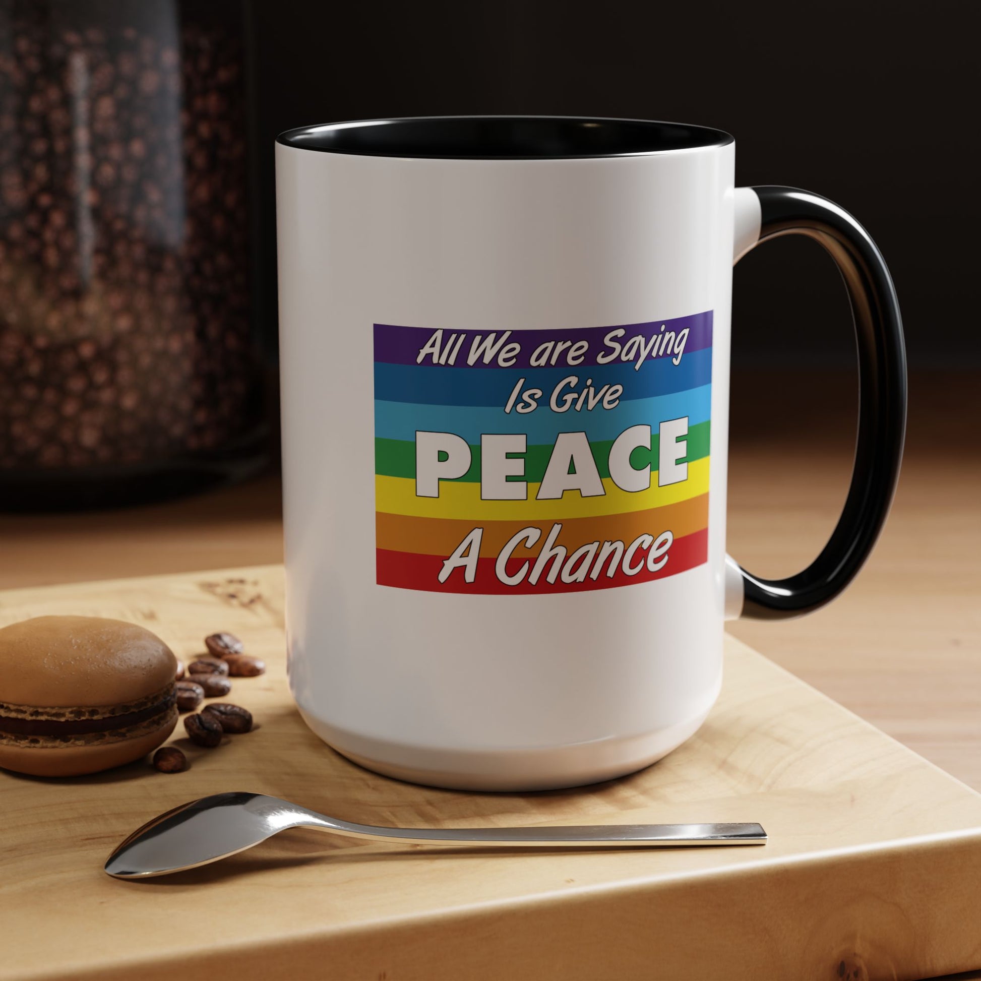 Give Peace a Chance Flag Coffee Mug - Double Sided Black Accent White Ceramic 15oz by TheGlassyLass.com