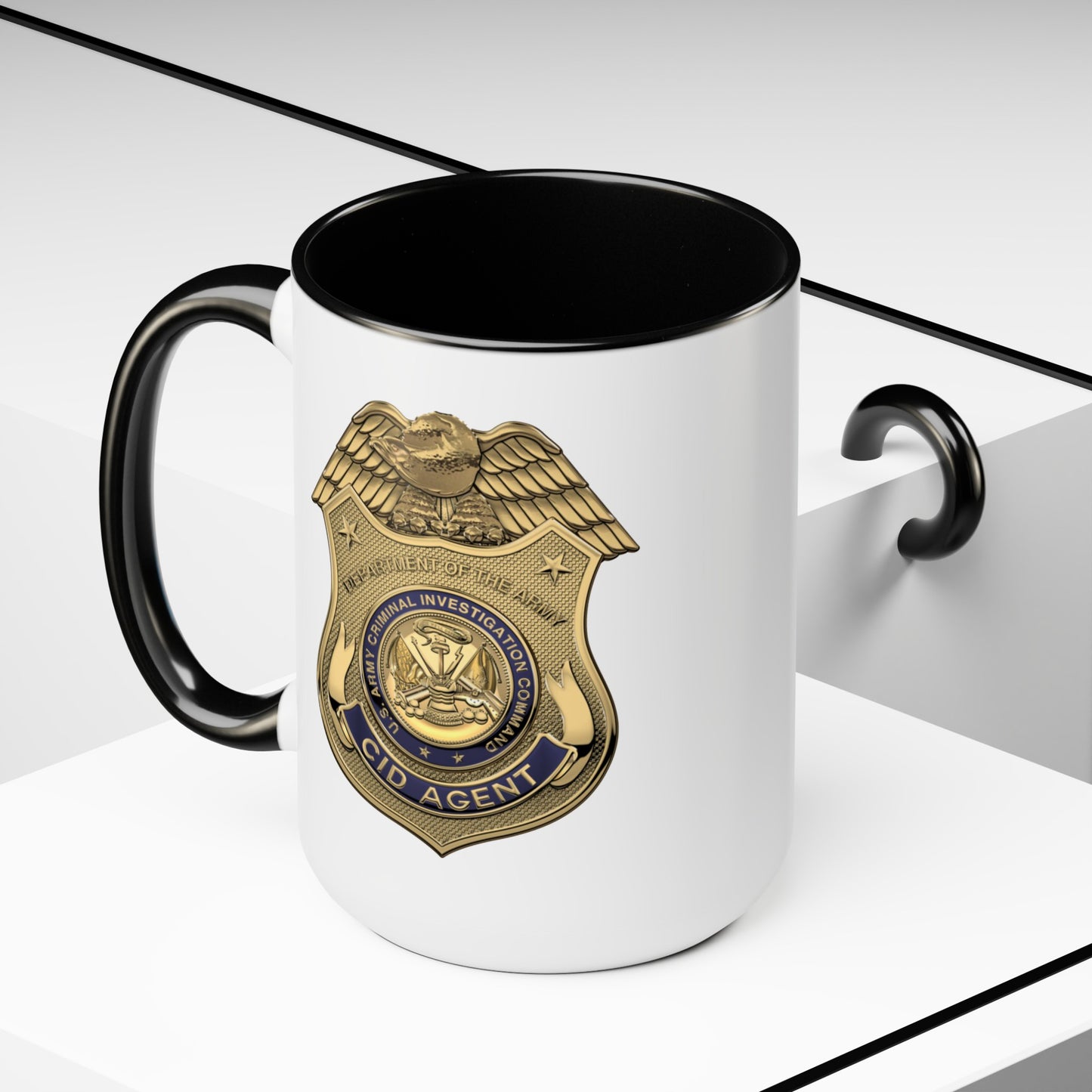 Army CID Agent Badge Coffee Mug - Double Sided Black Accent White Ceramic 15oz by TheGlassyLass.com