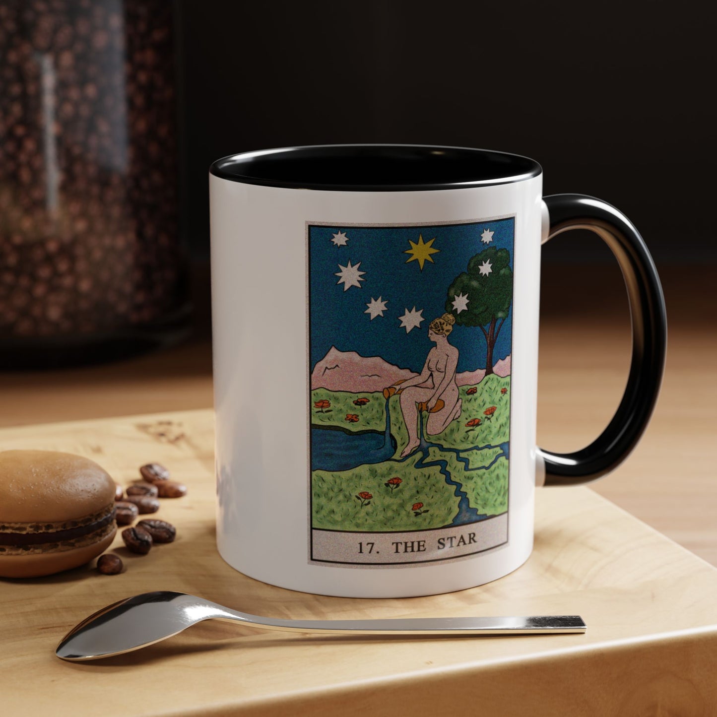 The Star Tarot Card Coffee Mug - Double Sided Print, Black Accent White Ceramic, 11oz by TheGlassyLass.com