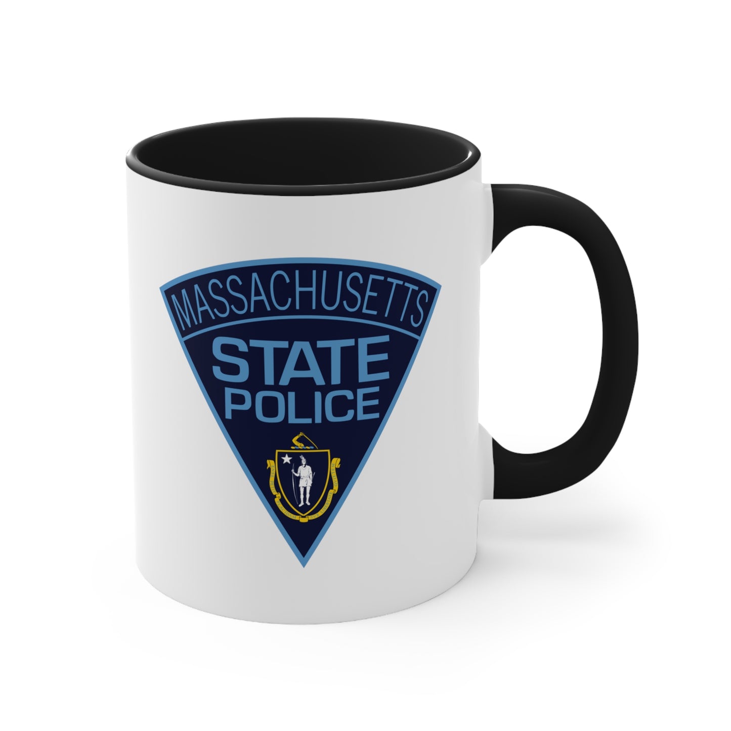 Massachusetts State Police Coffee Mug - Double Sided Black Accent White Ceramic 11oz by TheGlassyLass