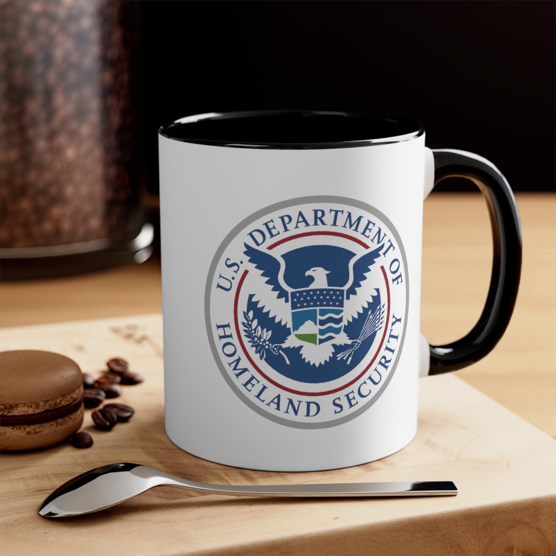 Homeland Security Coffee Mug - Double Sided Black Accent White Ceramic 11oz by TheGlassyLass.com