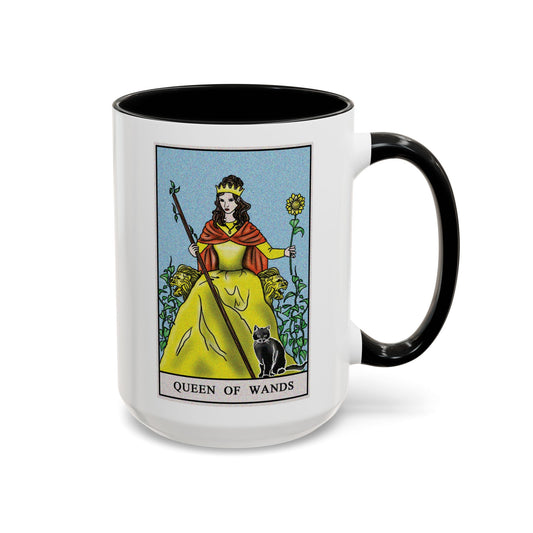 Queen of Wands Tarot Card Coffee Mug - Double Sided Black Accent White Ceramic 15oz by TheGlassyLass.com