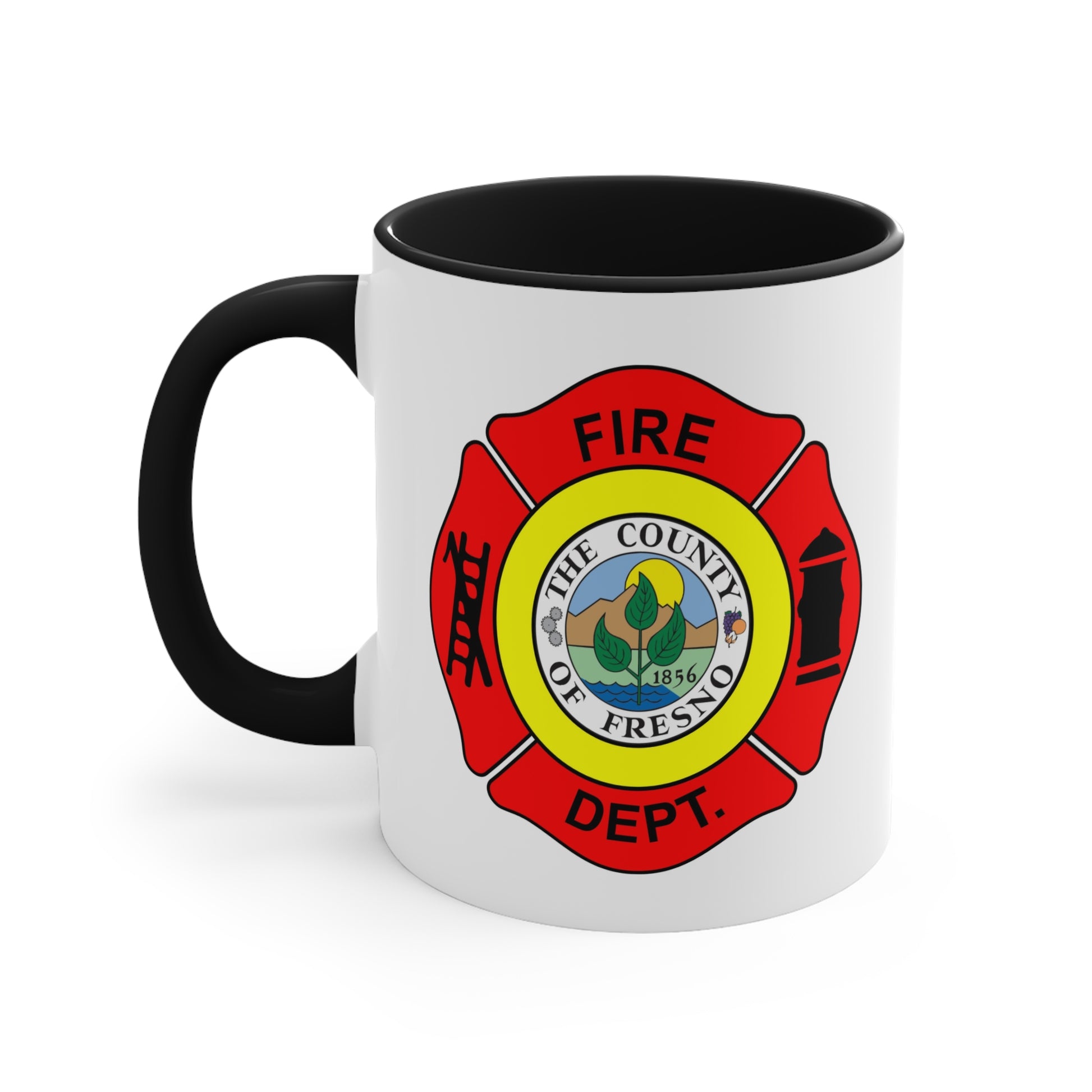 Fresno Fire Department Coffee Mug - Double Sided Black Accent White Ceramic 11oz by TheGlassyLass.com