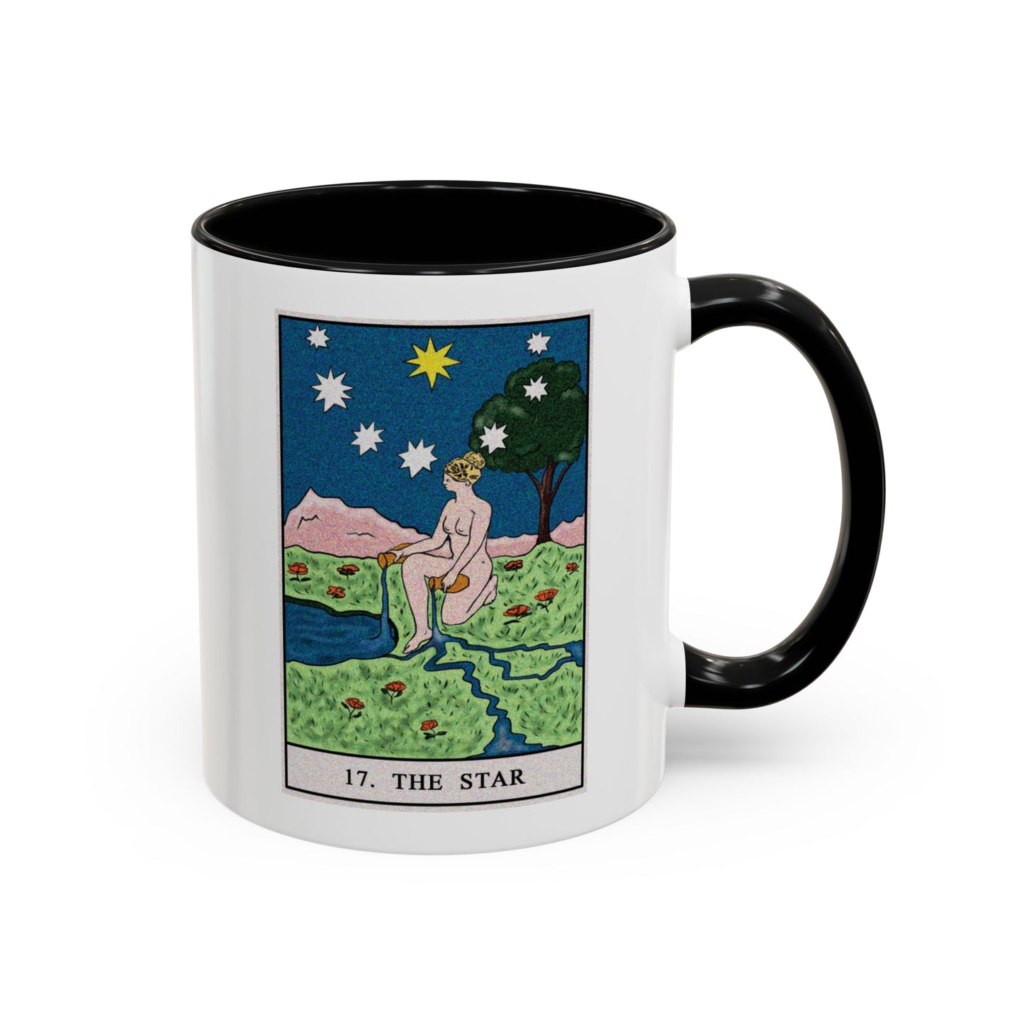 The Star Tarot Card Coffee Mug - Double Sided Print, Black Accent White Ceramic, 11oz by TheGlassyLass.com