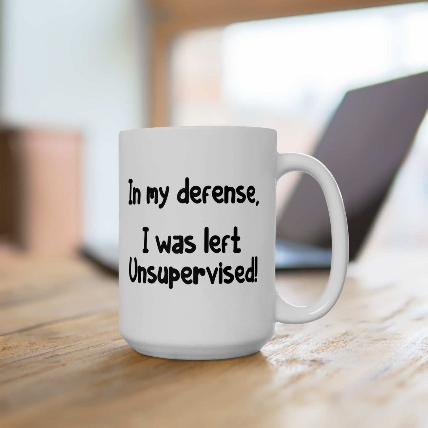 In My Defense - Double Sided White Ceramic Coffee Mug 15oz by TheGlassyLass.com