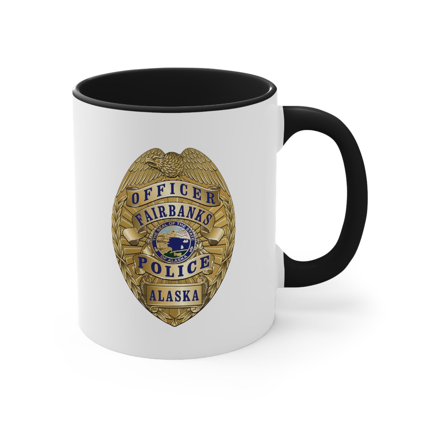 Fairbanks Police Badge Coffee Mug - Double Sided Black Accent White Ceramic 11oz by TheGlassyLass.com