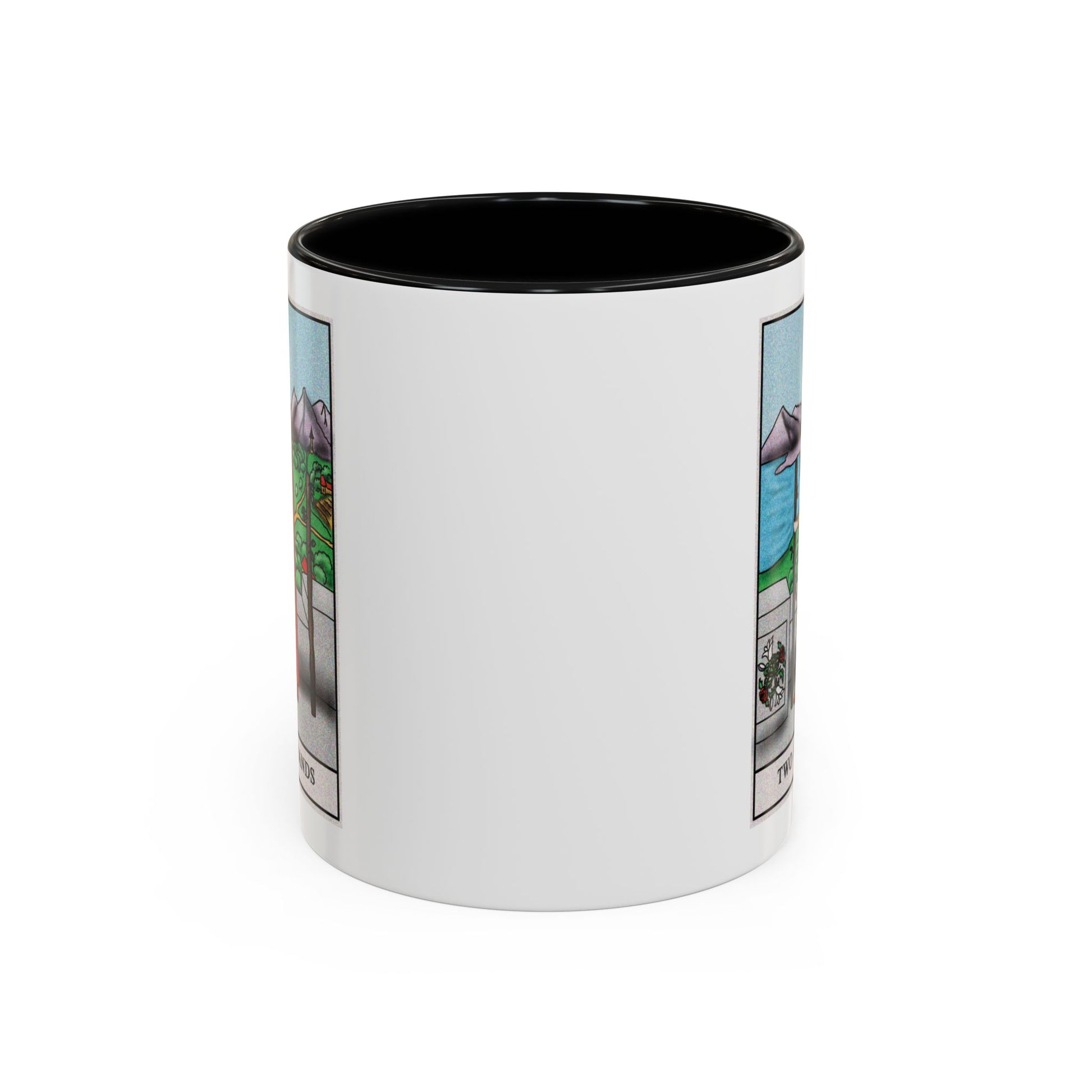 Two of Wands Tarot Card Coffee Mug - Double Sided Print, Black Accent White Ceramic, 11oz by TheGlassyLass.com