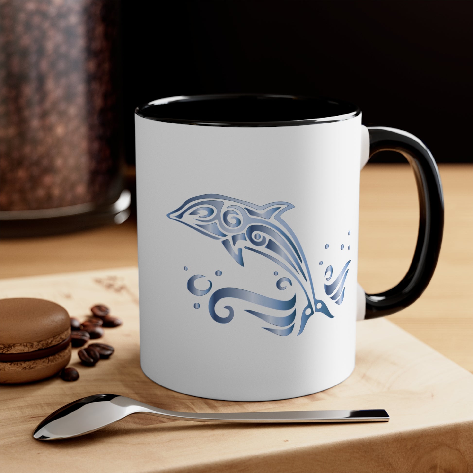 Dolphin Coffee Mug - Double Sided Black Accent White Ceramic 11oz by TheGlassyLass.com