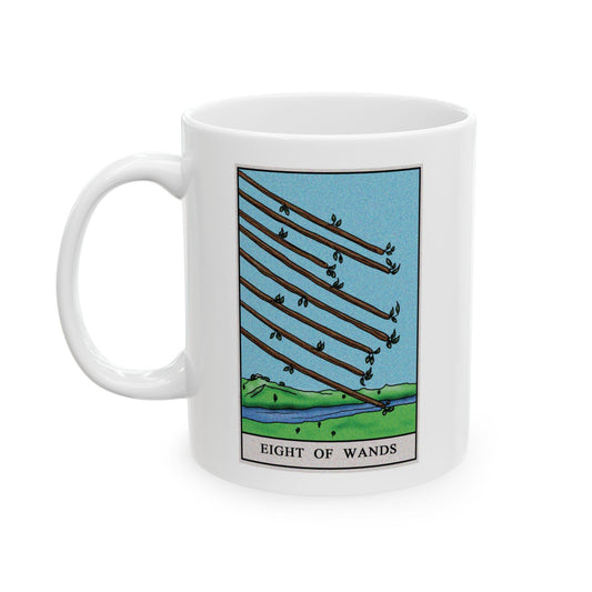 Eight of Wands of Wands Tarot Card Coffee Mug - Double Sided Print, White Ceramic, 11oz by TheGlassyLass.com