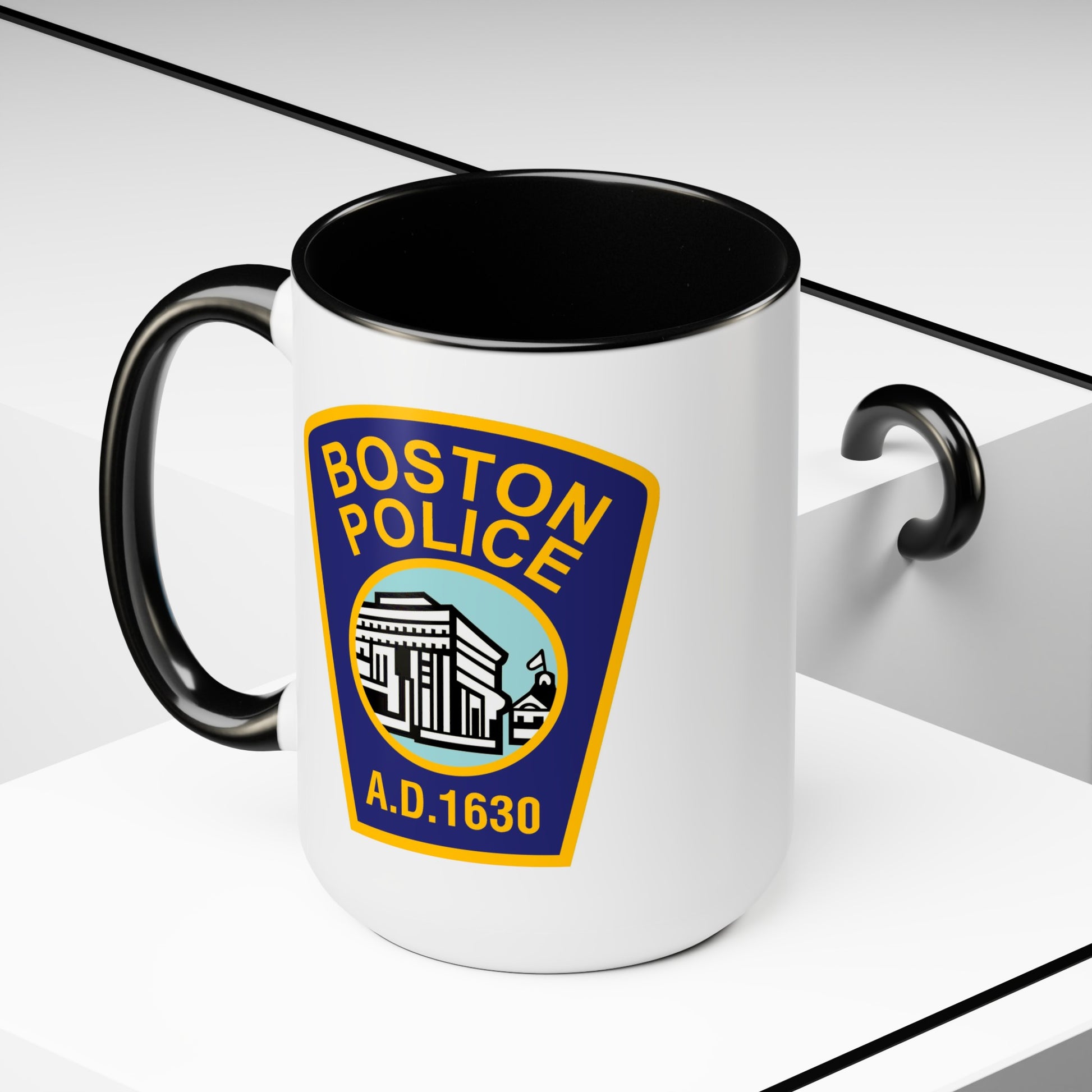 Boston Police Coffee Mug - Double Sided Black Accent White Ceramic 15oz by TheGlassyLass.com