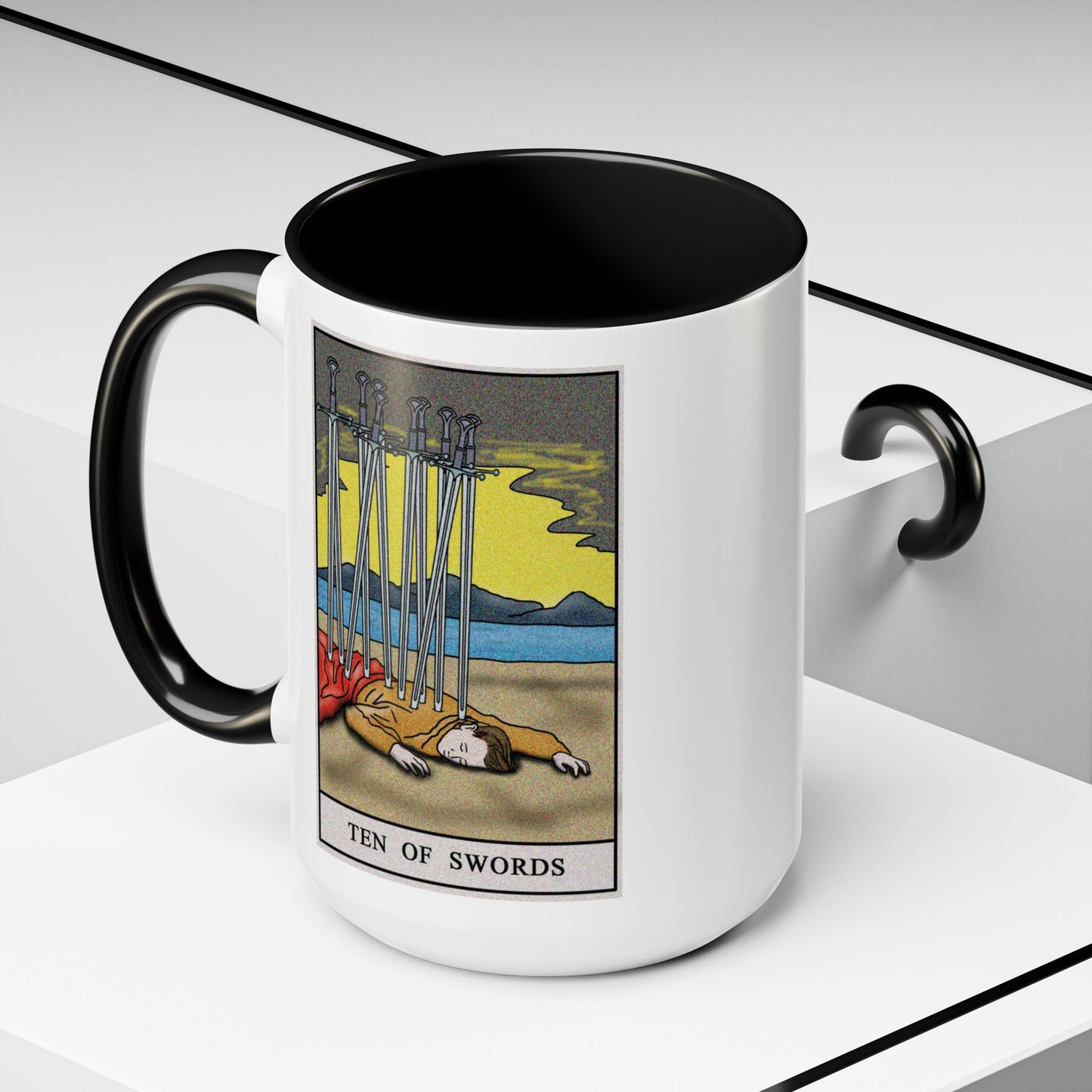 Ten of Swords Tarot Card Coffee Mug - Double Sided Black Accent White Ceramic 15oz by TheGlassyLass.com