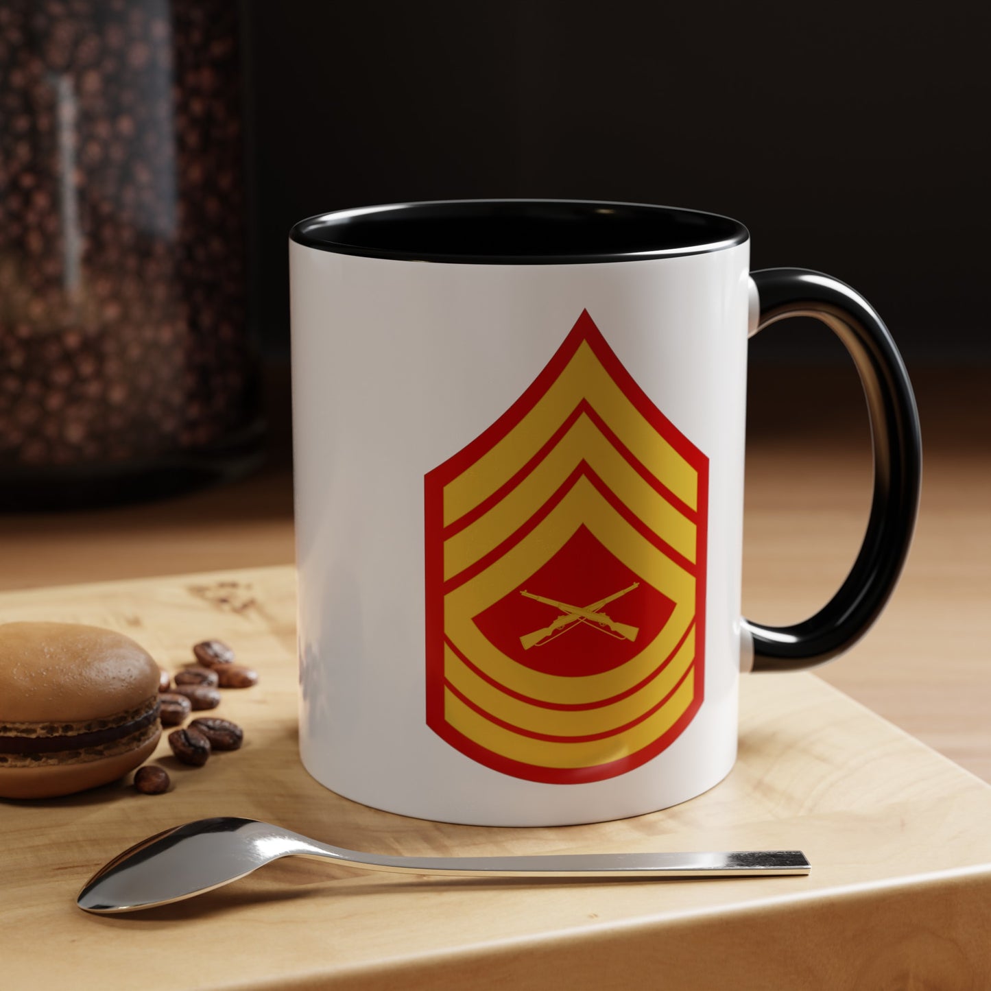 United States Marine Corps Master Sergeant (E-8) Chevron Coffee Mug - Double Sided Black Accent White Ceramic 11oz - by TheGlassyLass.com