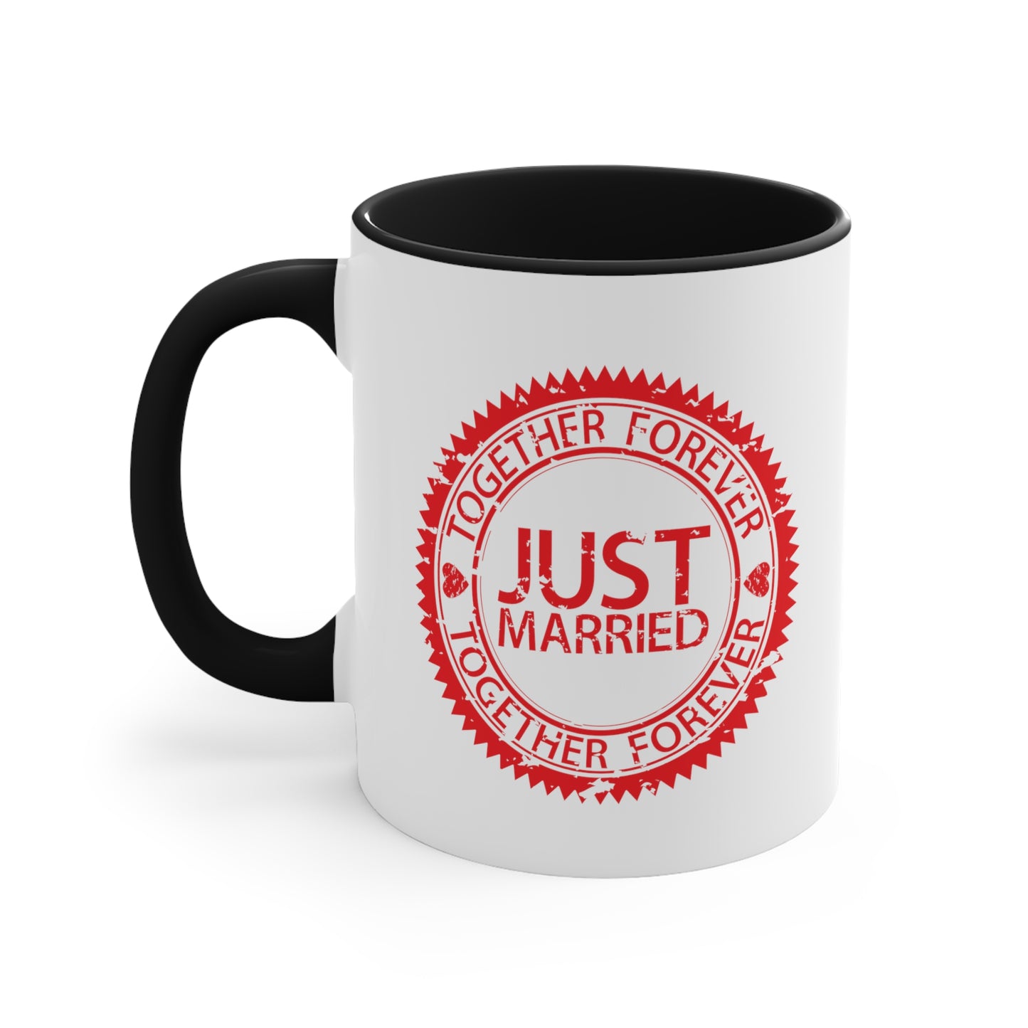 Just Married Coffee Mug - Double Sided Black Accent White Ceramic 11oz by TheGlassyLass.com