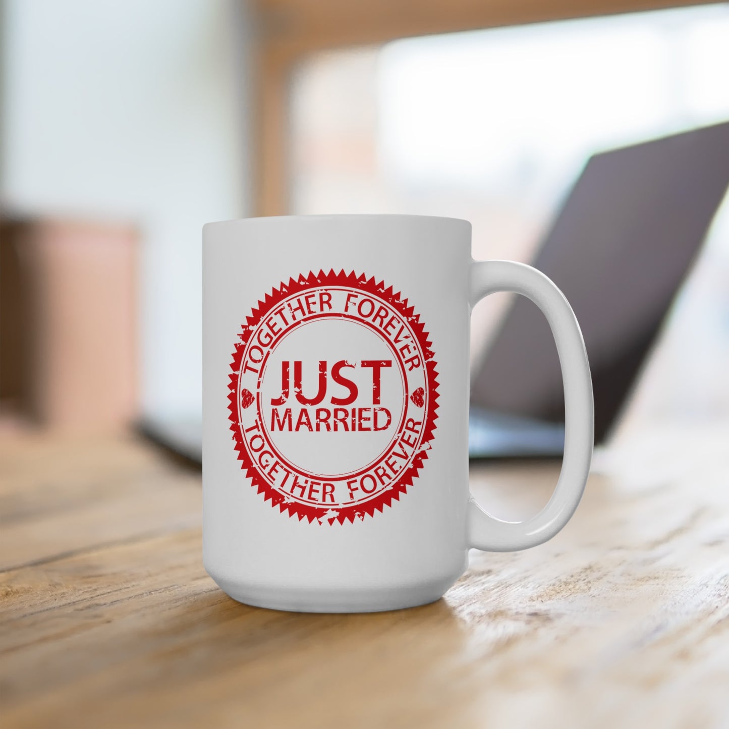 Just Married Coffee Mug - Double Sided White Ceramic 15oz by TheGlassyLass.com