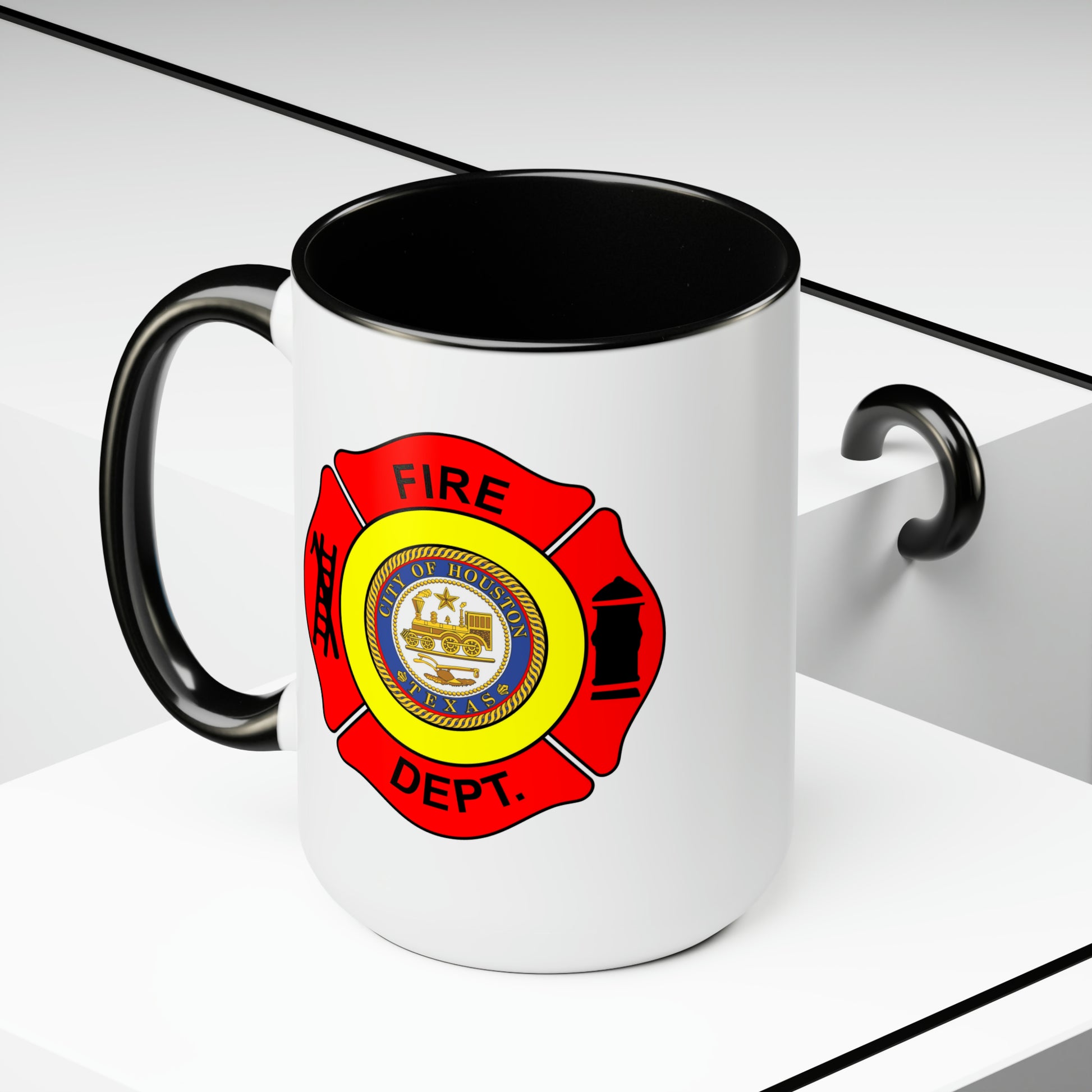 Houston Fire Department Coffee Mug - Double Sided Black Accent White Ceramic 15oz by TheGlassyLass