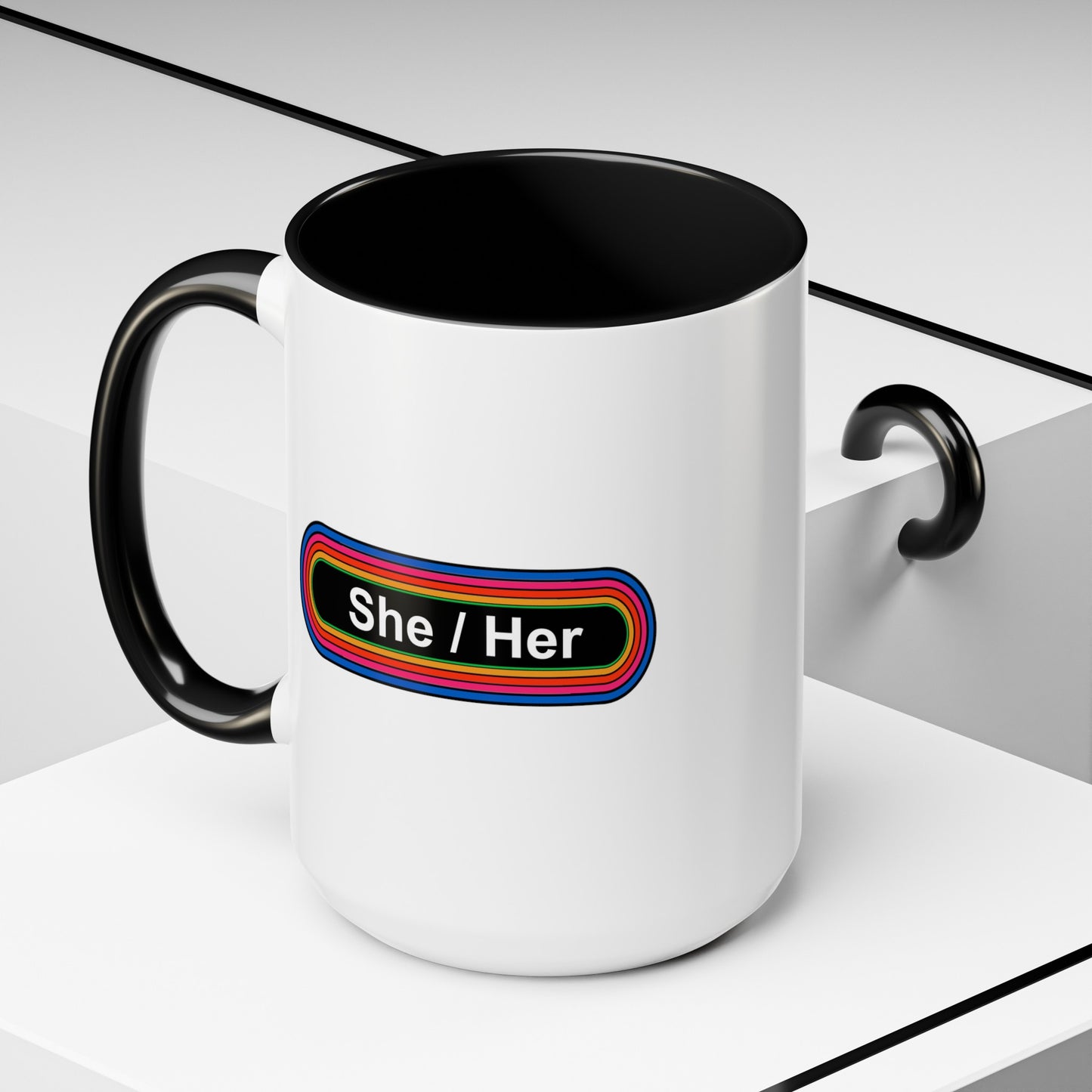 Rainbow She / Her Pronouns Coffee Mug - Double Sided Black Accent Ceramic 15oz - by TheGlassyLass.com