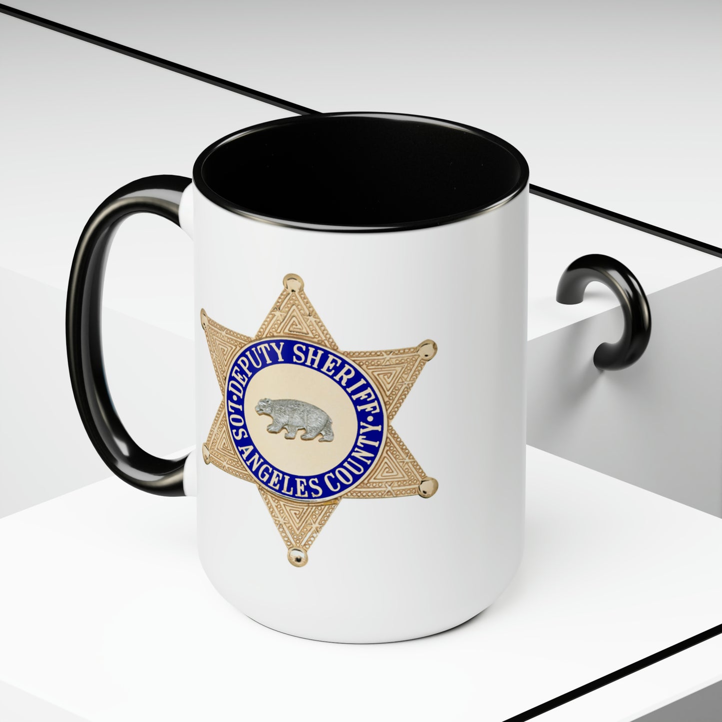 LASD Deputy Sheriff Badge Coffee Mugs - Double Sided Black Accent White Ceramic 15oz by TheGlassyLass