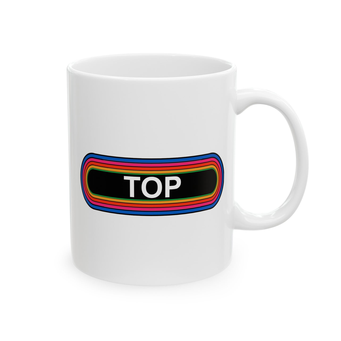 Rainbow TOP Pronouns Coffee Mug - Double Sided White Ceramic 11oz - by TheGlassyLass.com