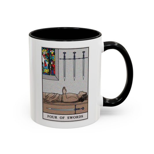 Four of Swords Tarot Card Coffee Mug - Double Sided Print, Black Accent White Ceramic, 11oz by TheGlassyLass.com
