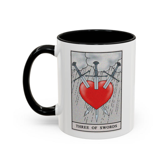 Three of Swords Tarot Card Coffee Mug - Double Sided Print, Black Accent White Ceramic, 11oz by TheGlassyLass.com