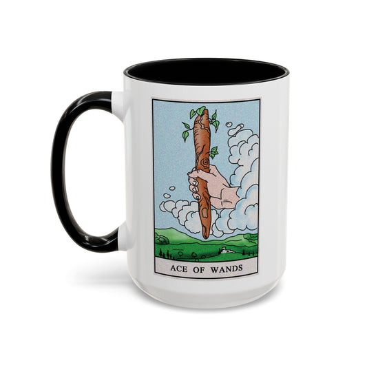 Ace of Wands Tarot Card Coffee Mug - Double Sided Black Accent White Ceramic 15oz by TheGlassyLass.com