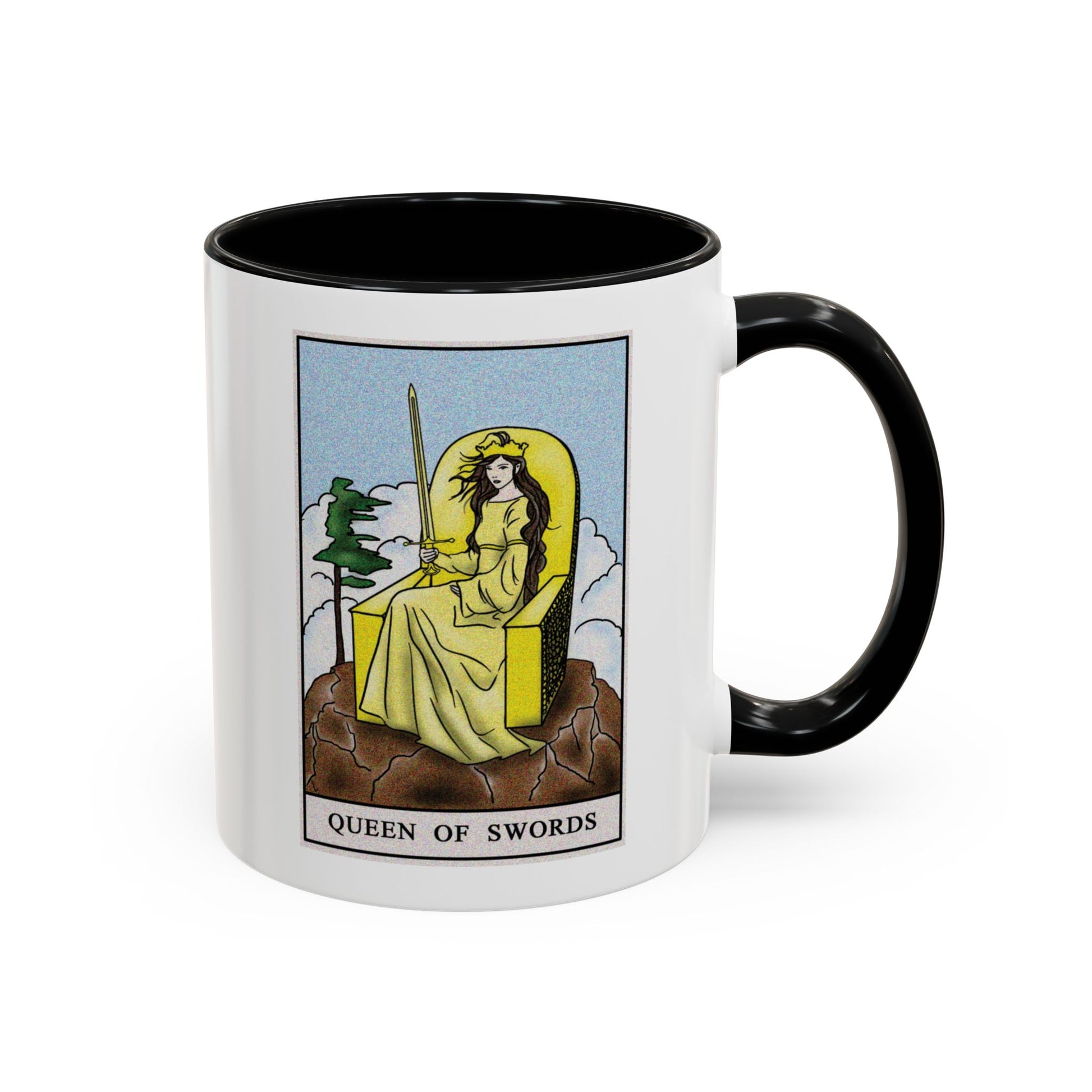 Queen of Swords Tarot Card Coffee Mug - Double Sided Print, Black Accent White Ceramic, 11oz by TheGlassyLass.com