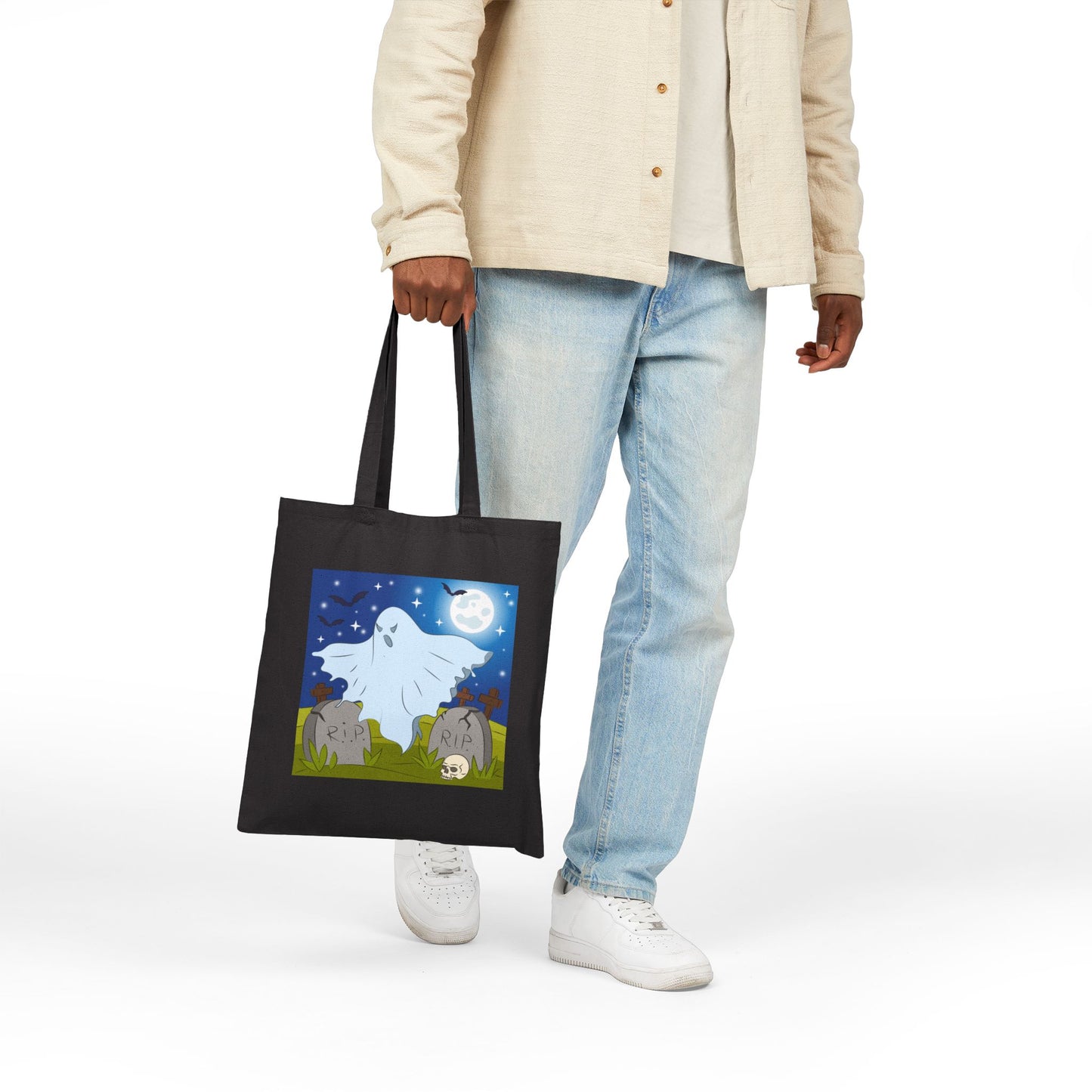 Graveyard Ghost Haunted Halloween Trick or Treat Tote Bag - Heavyweight 100% Cotton Canvas by TheGlassyLass.com