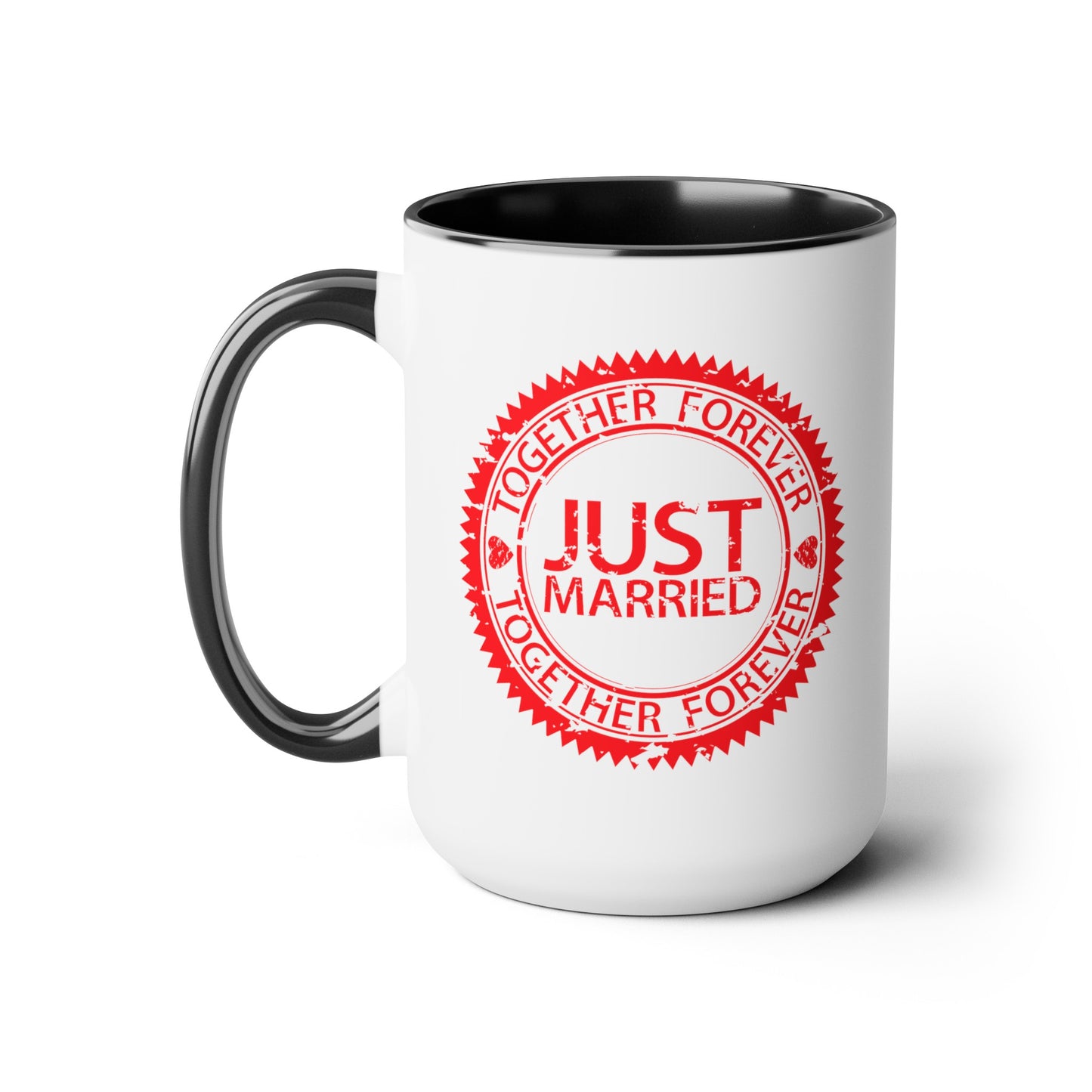 Just Married Coffee Mugs - Double Sided Black Accent White Ceramic 15oz by TheGlassyLass.com