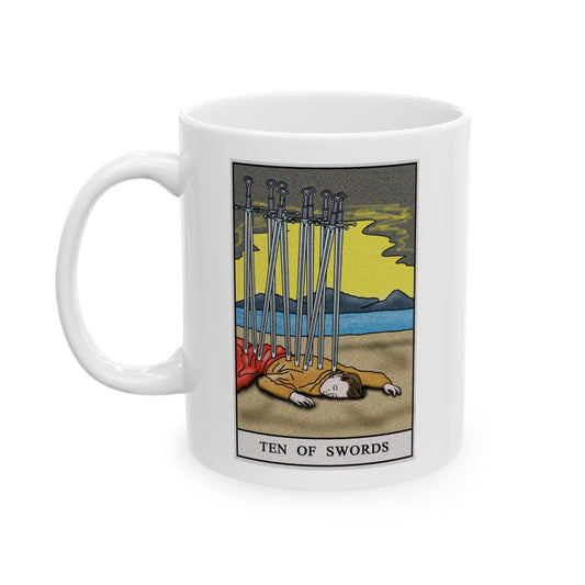 Ten of Swords Tarot Card Coffee Mug - Double Sided Print, White Ceramic, 11oz by TheGlassyLass.com