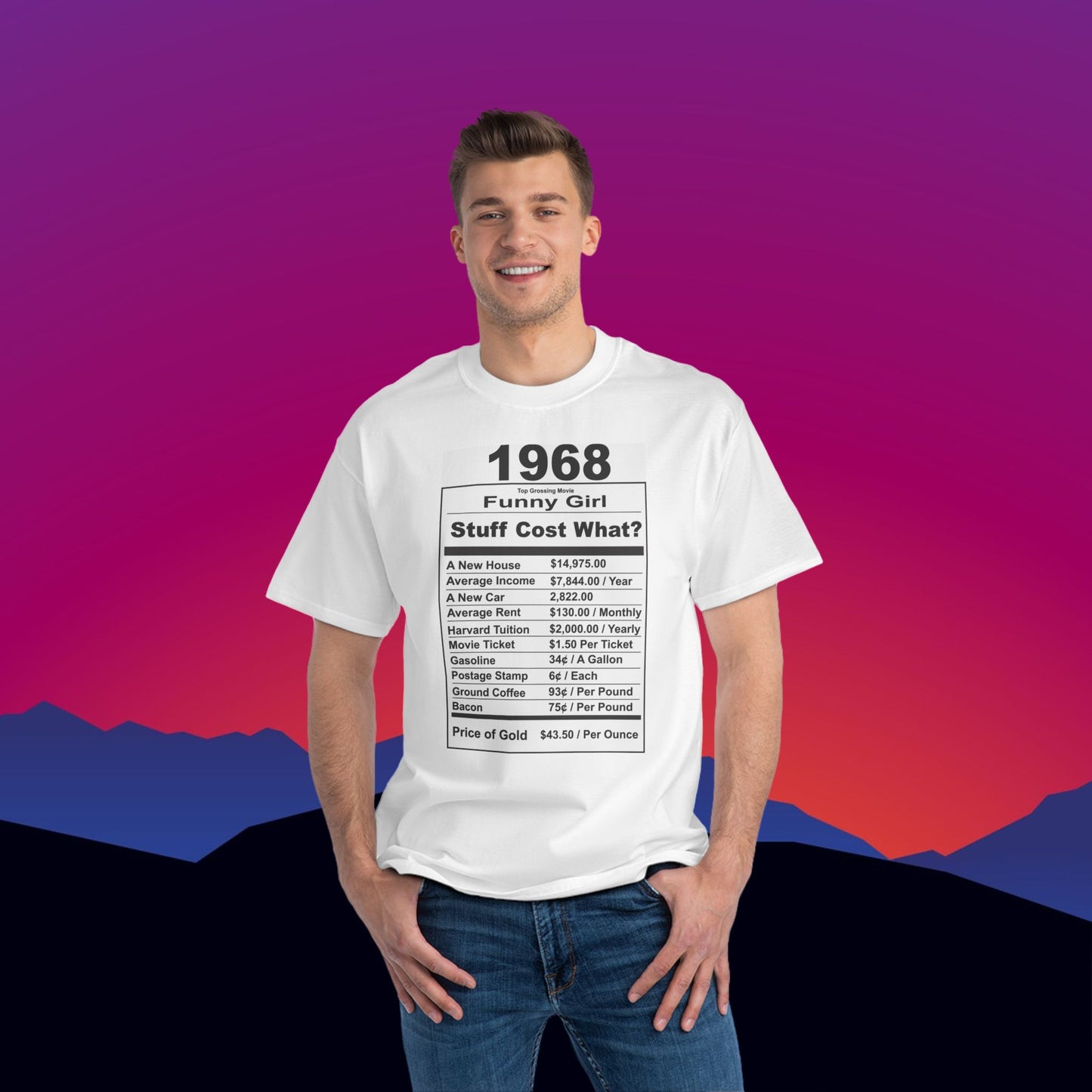 1968 Birthday T-Shirt: (Hanes Beefy-T 100% Preshrunk Cotton Custom Printed by TheGlassyLass.com