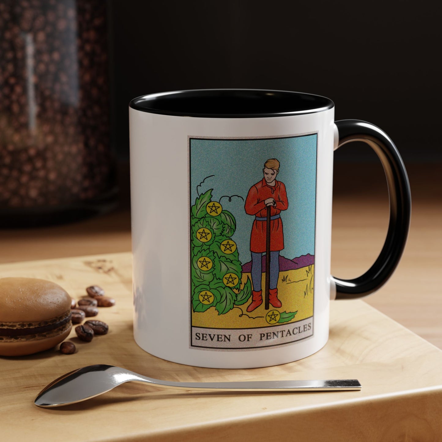 ﻿Seven of Pentacles Tarot Card Coffee Mug - Double Sided Print, Black Accent White Ceramic, 11oz by TheGlassyLass