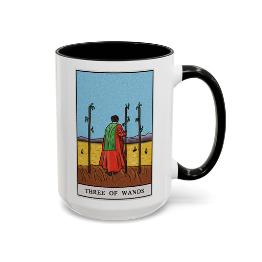 Three of Wands Tarot Card Coffee Mug - Double Sided Black Accent White Ceramic 15oz by TheGlassyLass.com
