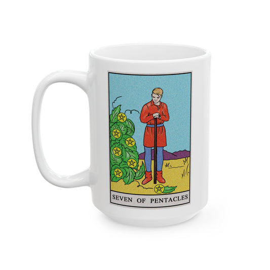 ﻿Seven of Pentacles Tarot Card Coffee Mug - Double Sided White Ceramic 15oz by TheGlassyLass
