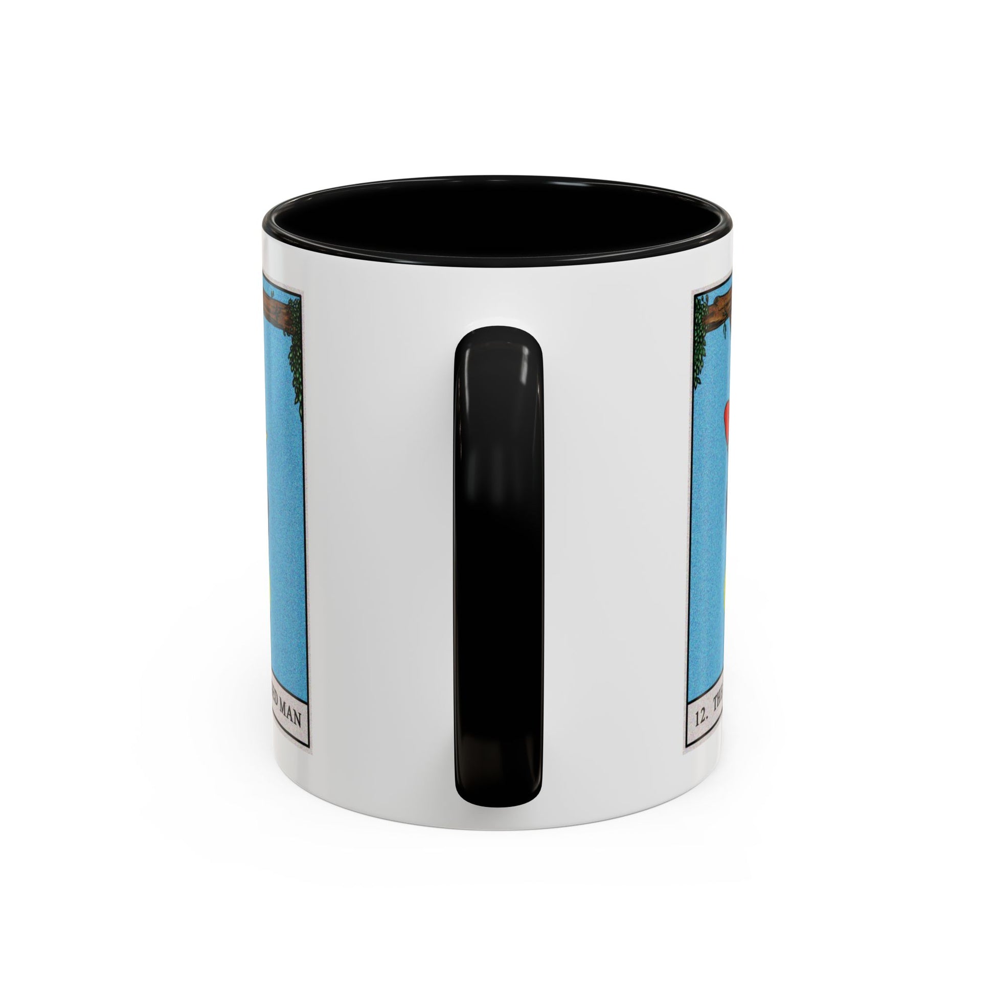 The Hanged Man Tarot Card Coffee Mug - Double Sided Print, Black Accent White Ceramic, 11oz by TheGlassyLass.com