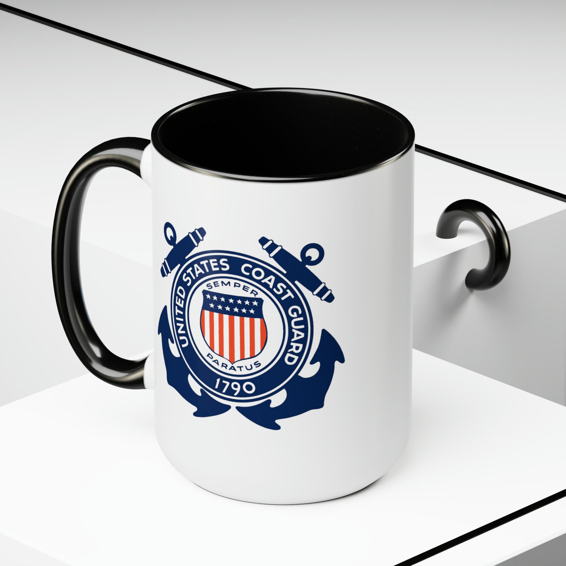 US Coast Guard Coffee Mug - Double Sided Black Accent White Ceramic 15oz by TheGlassyLass.com