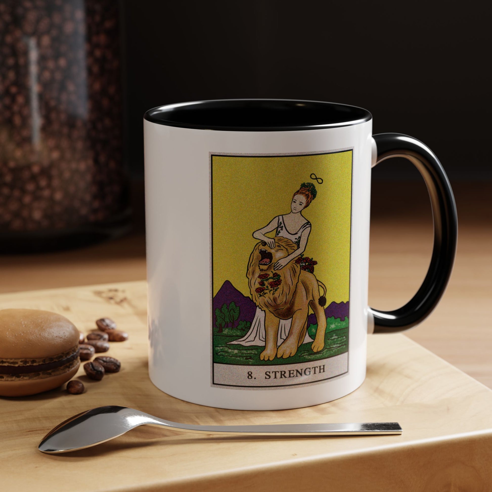 Strength Tarot Card Coffee Mug - Double Sided Print, White Ceramic, 11oz by TheGlassyLass.com