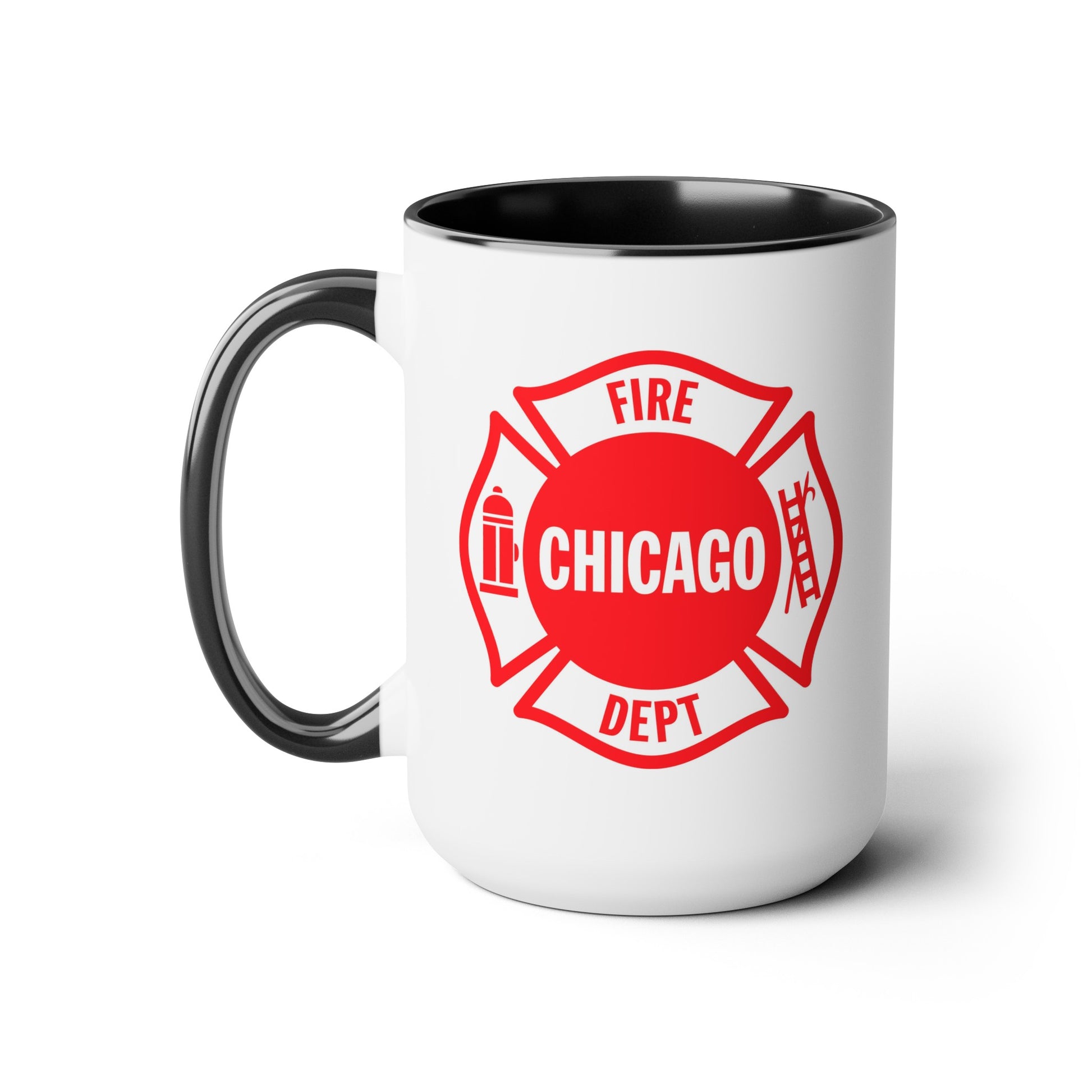 Chicago Fire Department Coffee Mug - Double Sided Print Black Accent Two Tone White Ceramic 15oz by TheGlassyLass.com