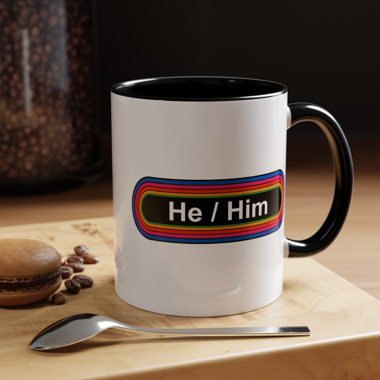 Rainbow He / Him Pronouns Coffee Mug - Double Sided Black Accent Ceramic 11oz - by TheGlassyLass.com