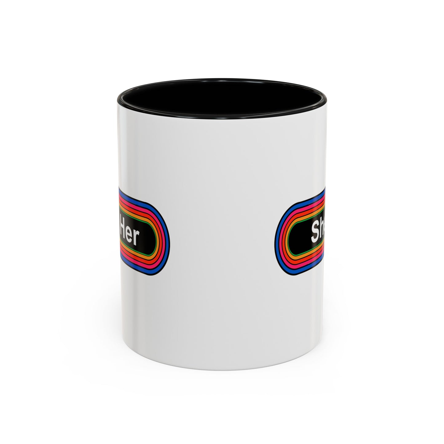 Rainbow She / Her Pronouns Coffee Mug - Double Sided Black Accent Ceramic 11oz - by TheGlassyLass.com