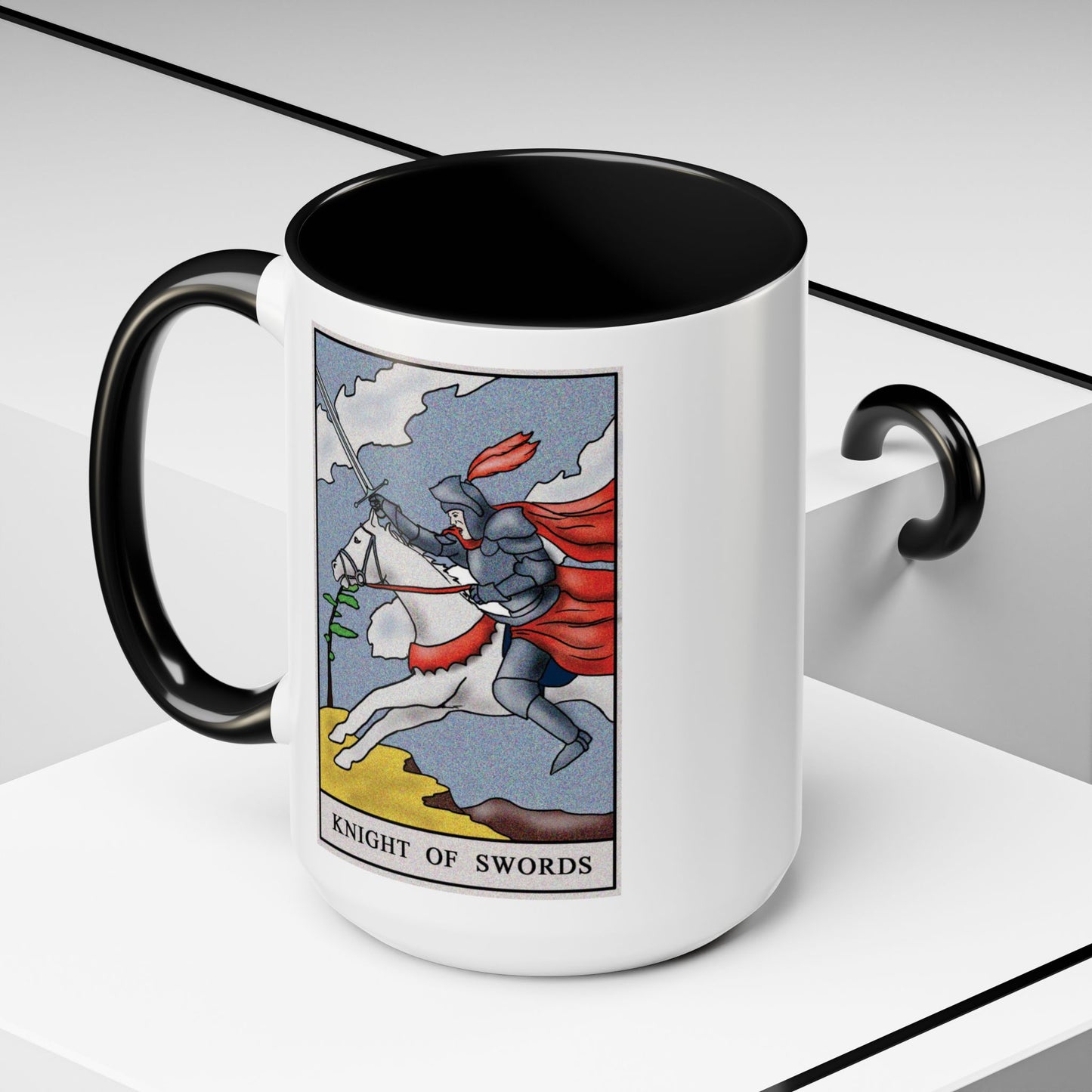 Knight of Swords Tarot Card Coffee Mug - Double Sided Black Accent White Ceramic 15oz by TheGlassyLass.com