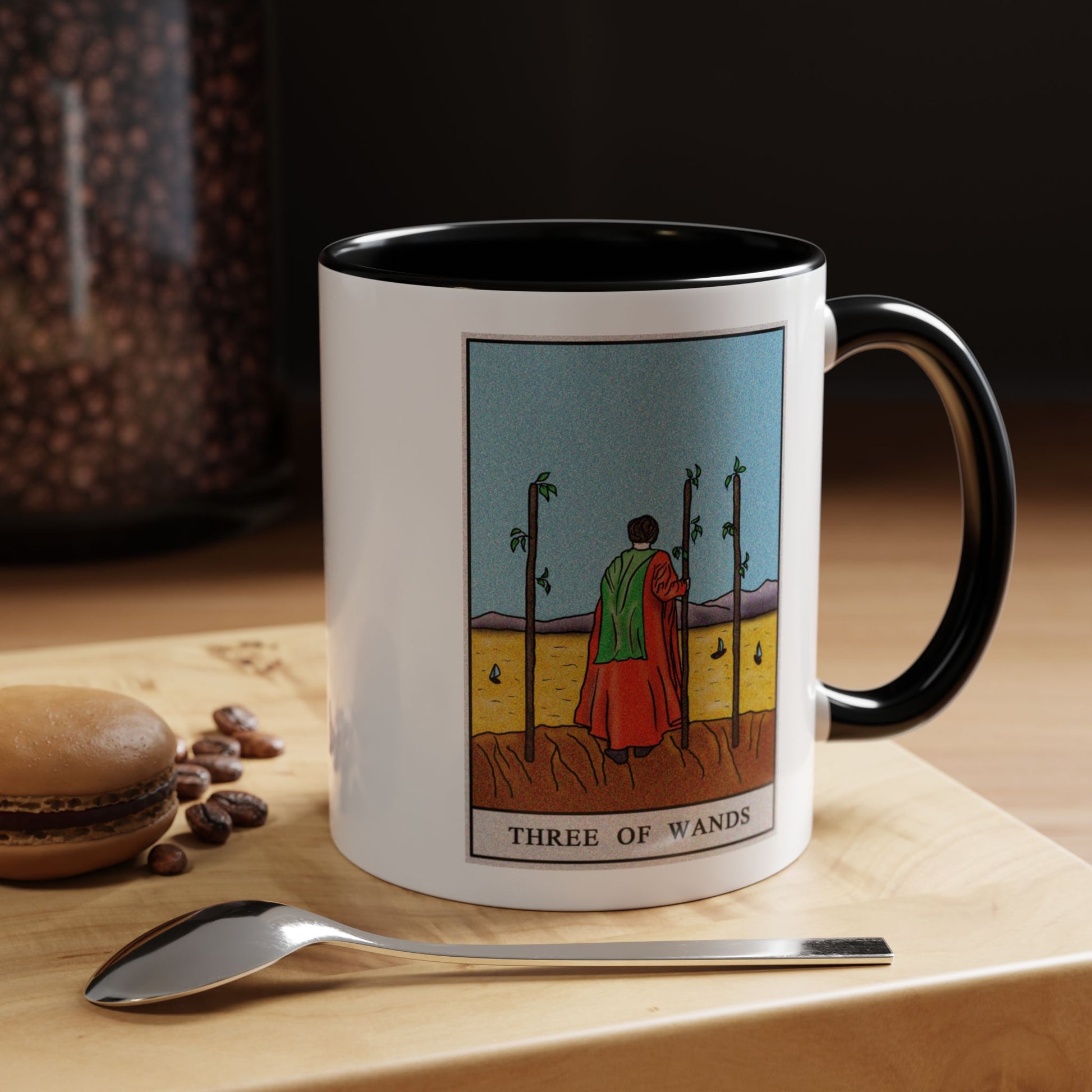 Three of Wands Tarot Card Coffee Mug - Double Sided Print, Black Accent White Ceramic, 11oz by TheGlassyLass.com